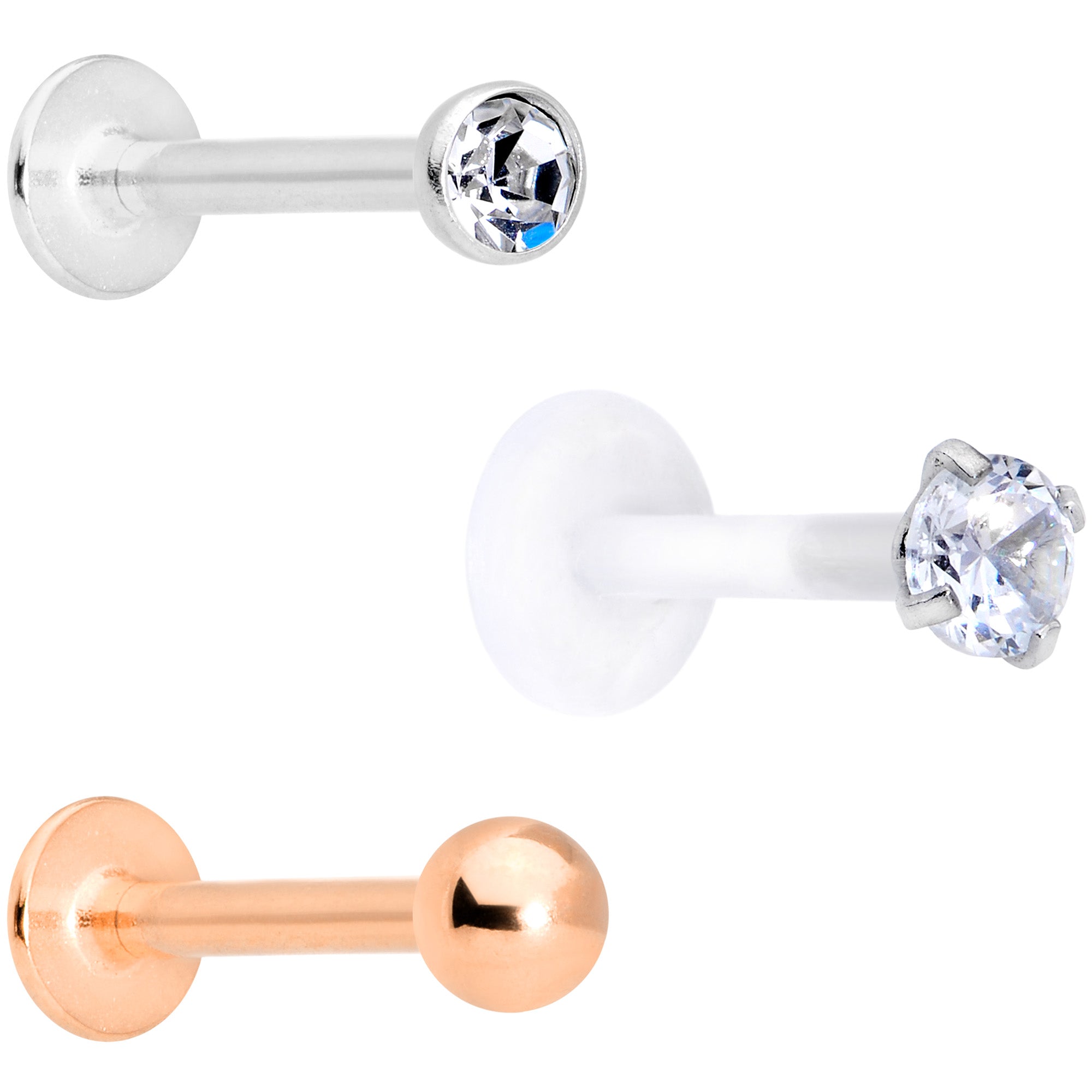 16G 5/16 Clear CZ Gem Rose Gold Tone Bioplast Labret Set of 3