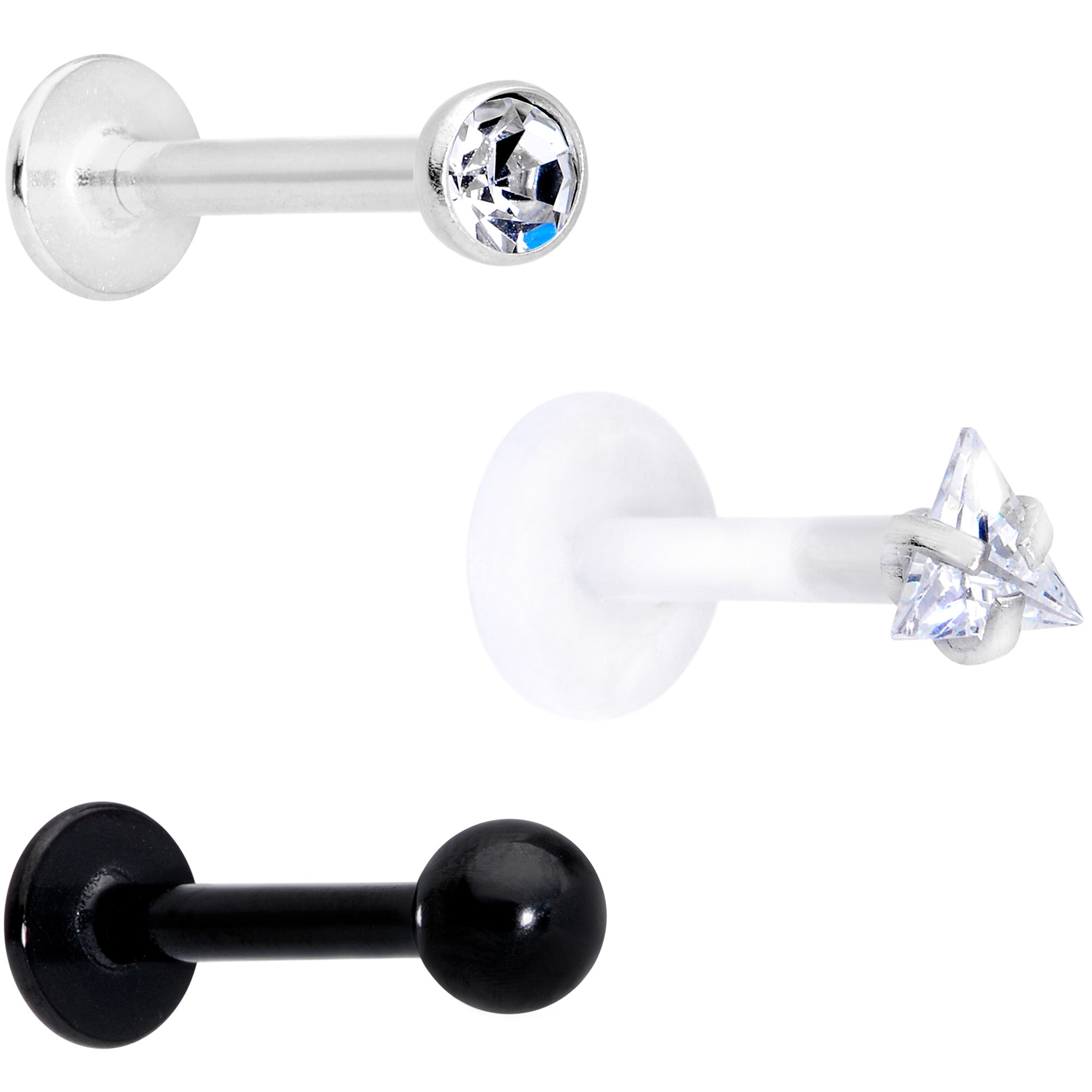 16G 5/16 Clear CZ Gem Bioplast Black Labret Tragus Set of 3