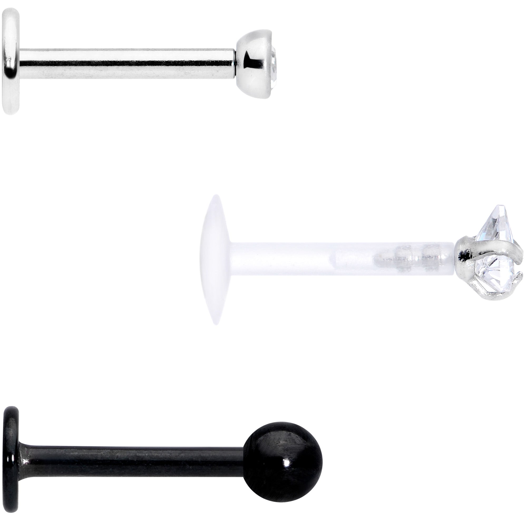 16G 5/16 Clear CZ Gem Bioplast Black Labret Tragus Set of 3