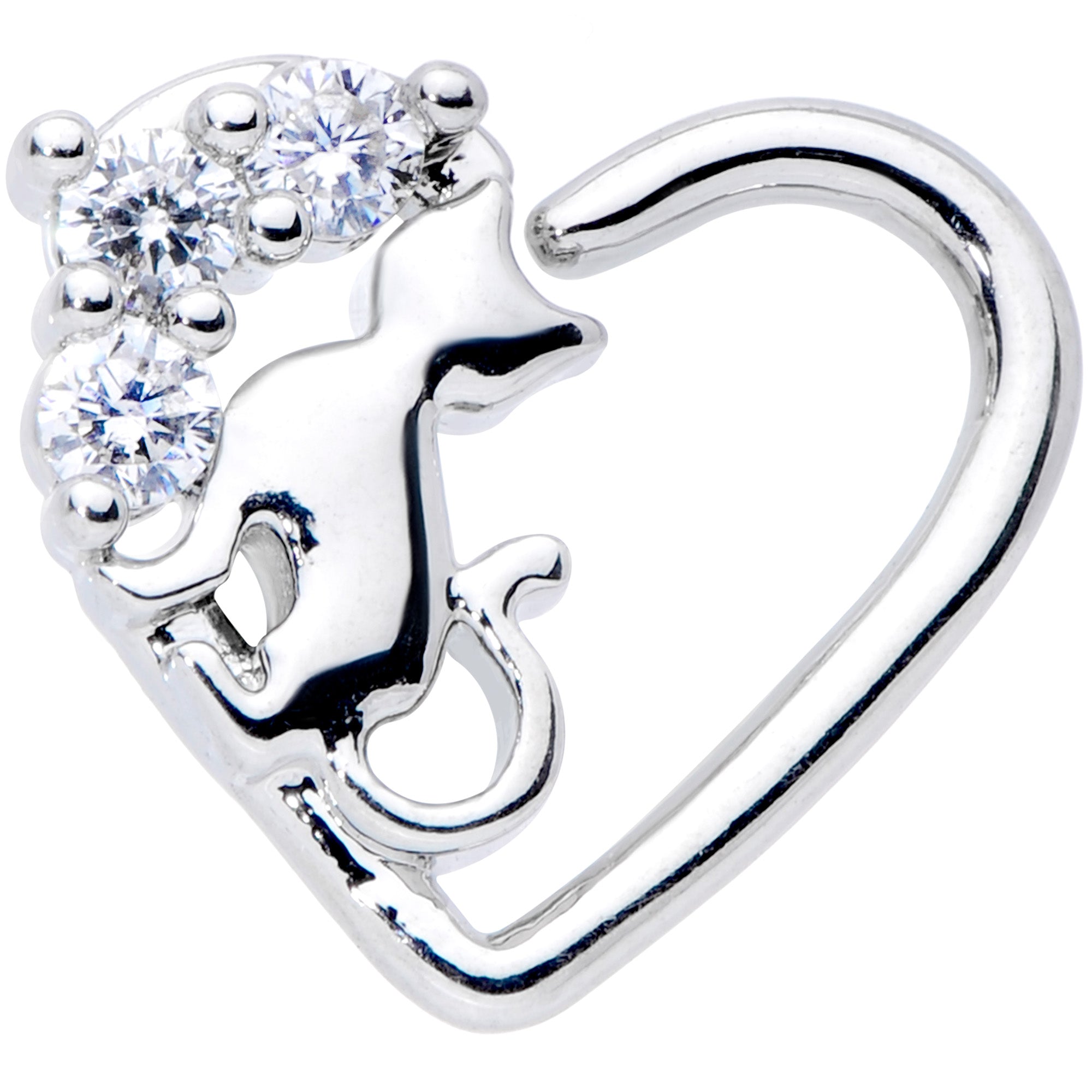16G 3/8 Clear CZ Gem Cat Heart Right Ear Closure Ring
