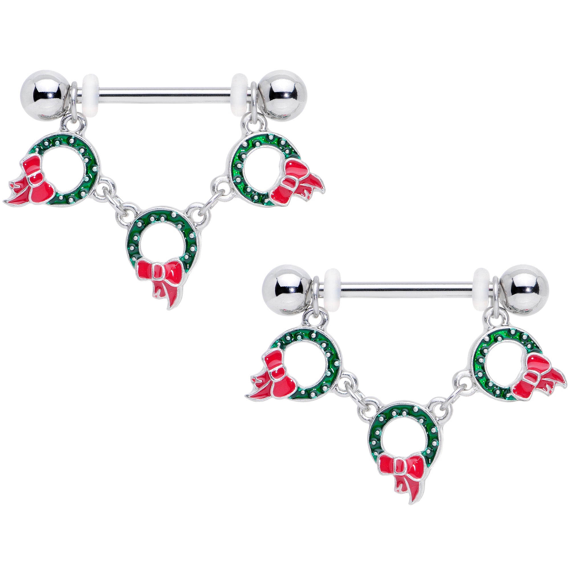 14G 5/8 Holiday Wreath Christmas Chain Dangle Nipple Ring Set