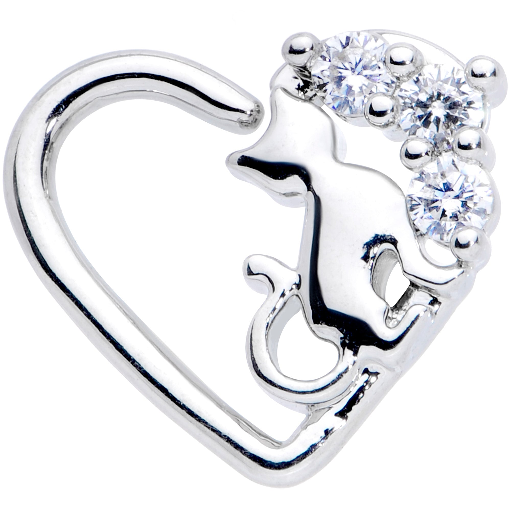 16G 3/8 Clear CZ Gem Cat Heart Left Ear Closure Ring