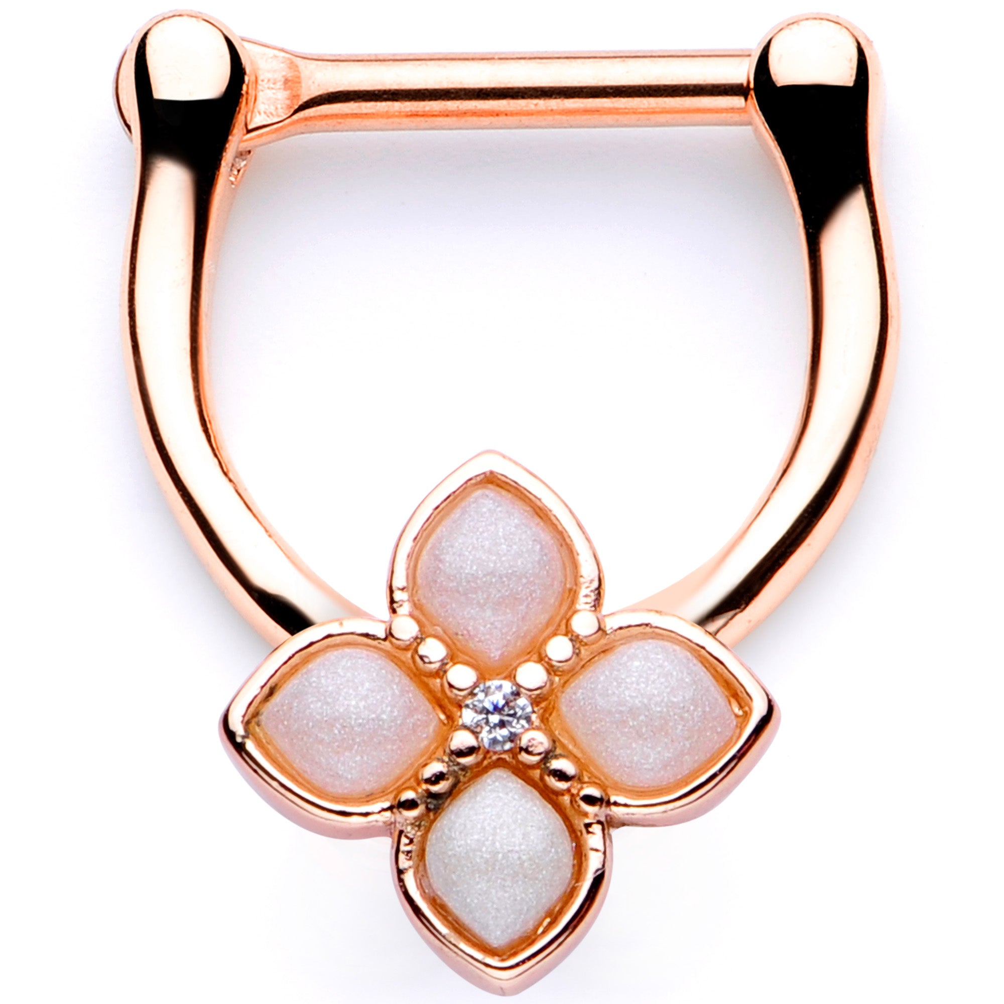 16G 3/8 White Faux Opal Rose Gold Tone Regal Cartilage Clicker