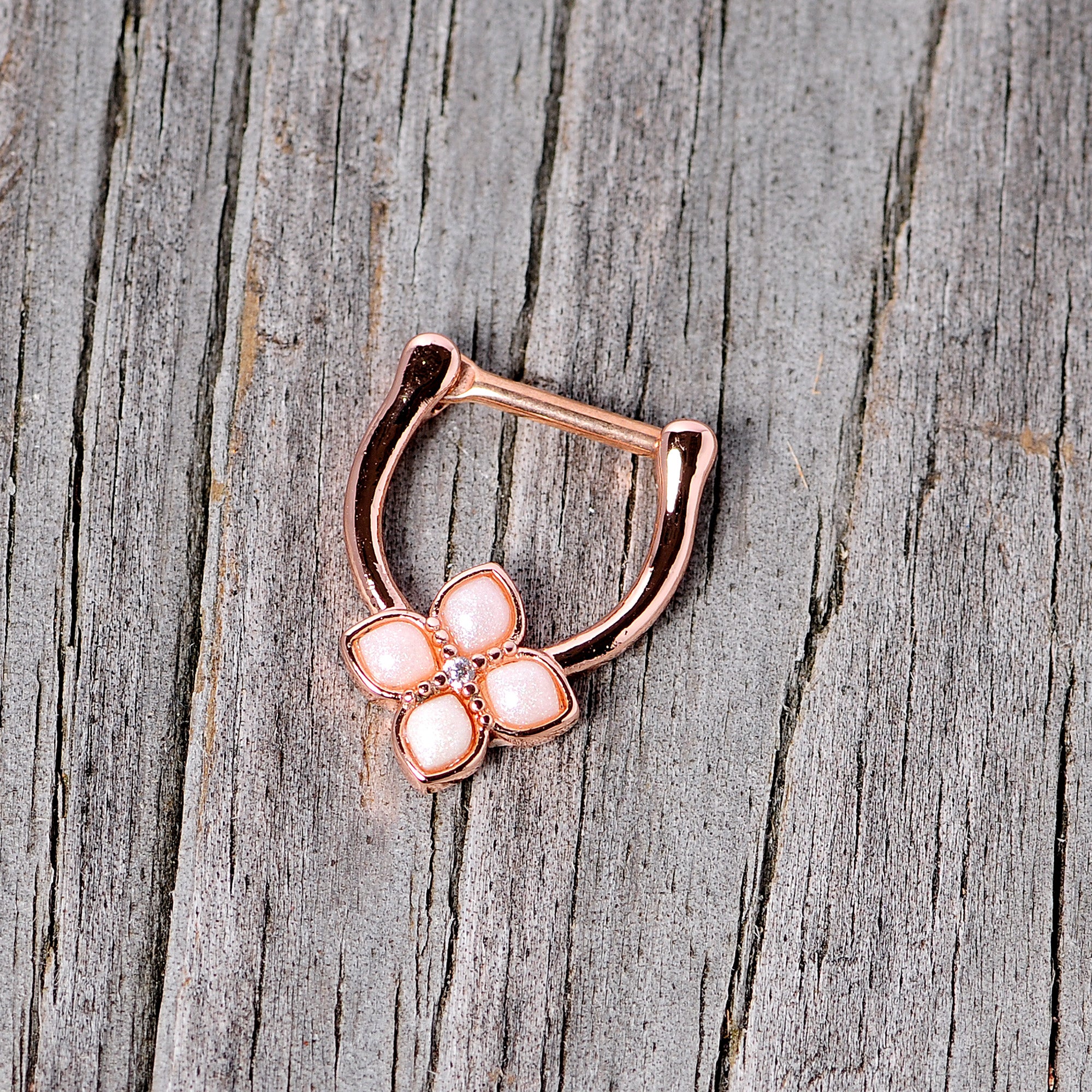 16G 3/8 White Faux Opal Rose Gold Tone Regal Cartilage Clicker