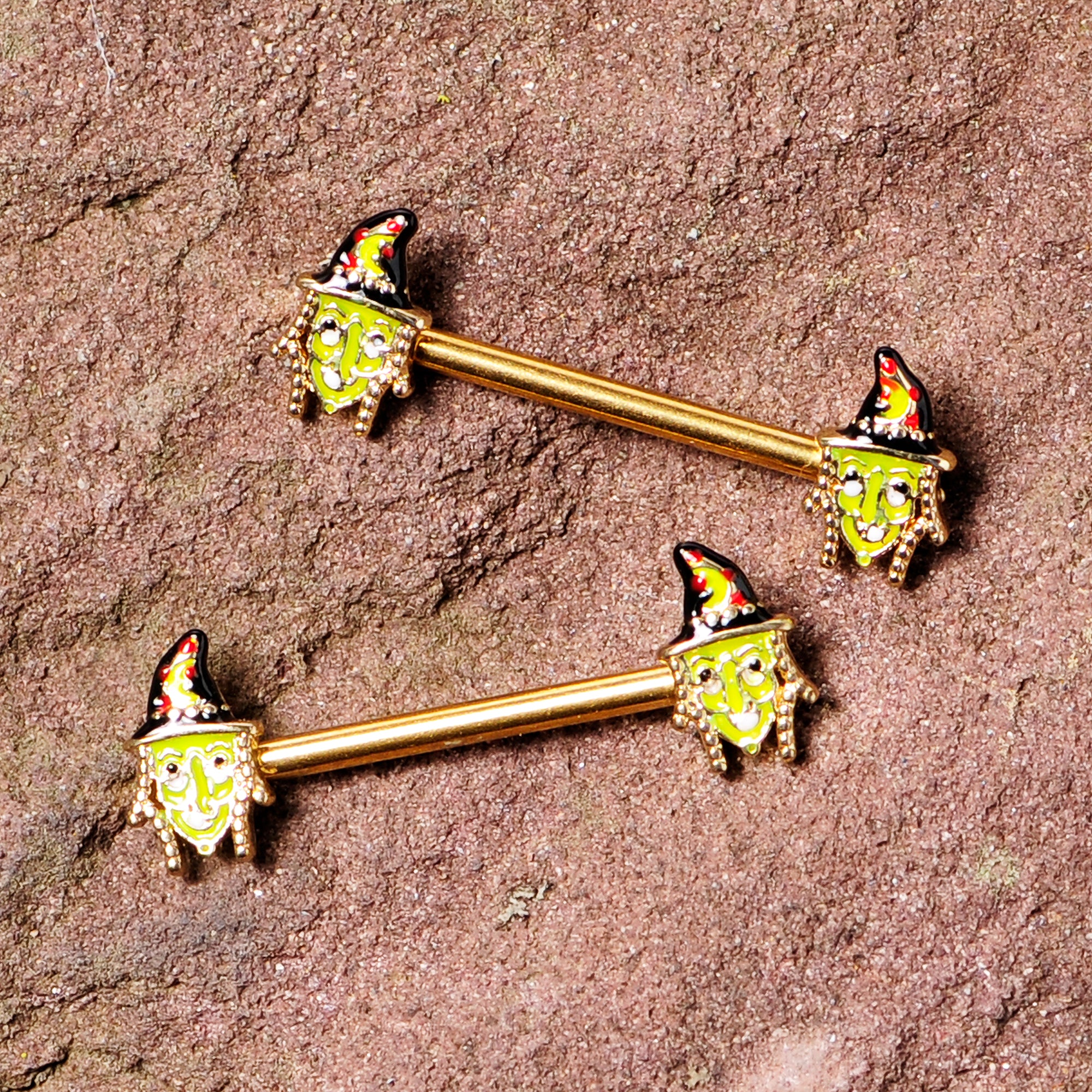 14G 9/16 Gold Tone Witch Halloween Barbell Nipple Ring Set