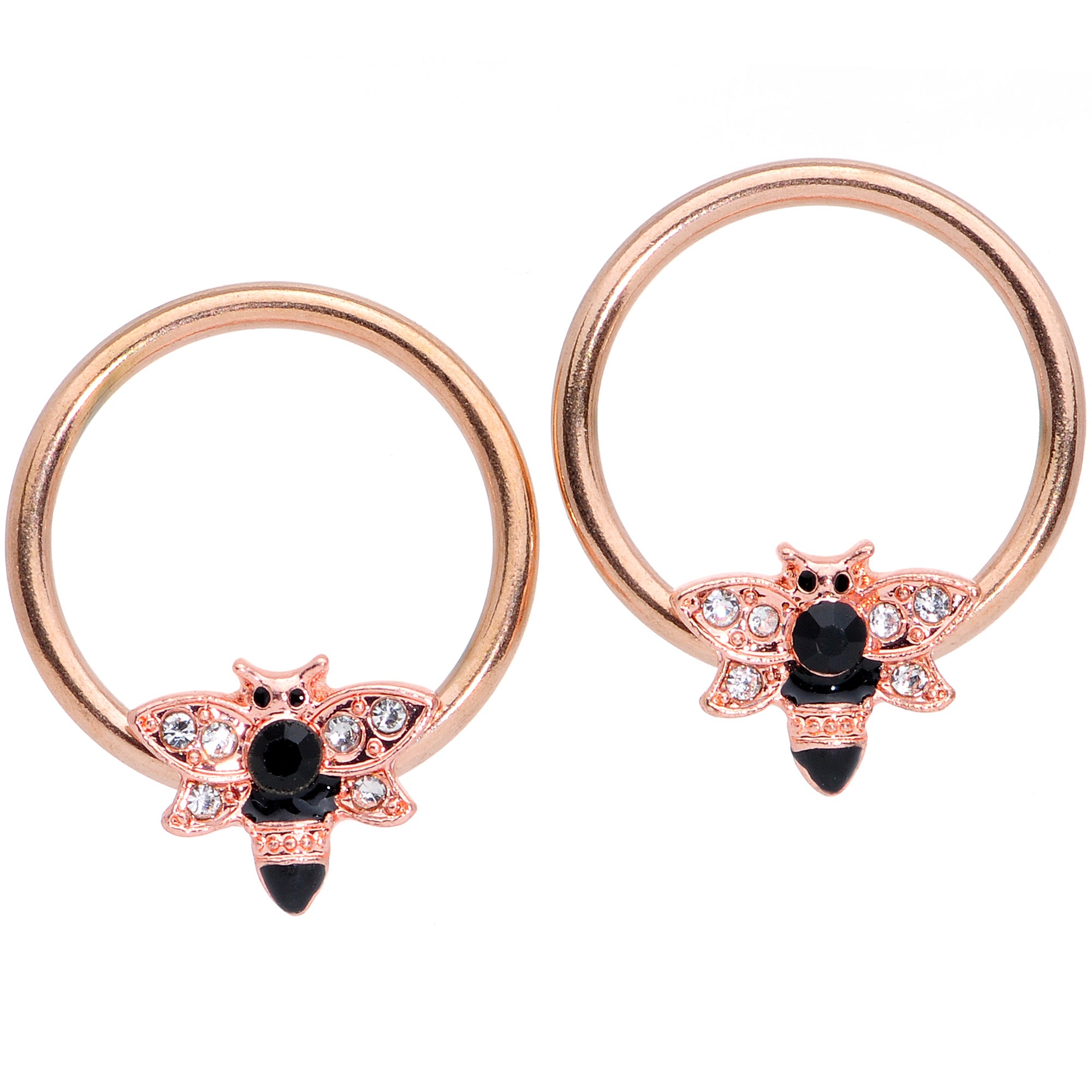 14G 9/16 Black Clear Gem Rose Gold Tone Bee BCR Nipple Ring Set