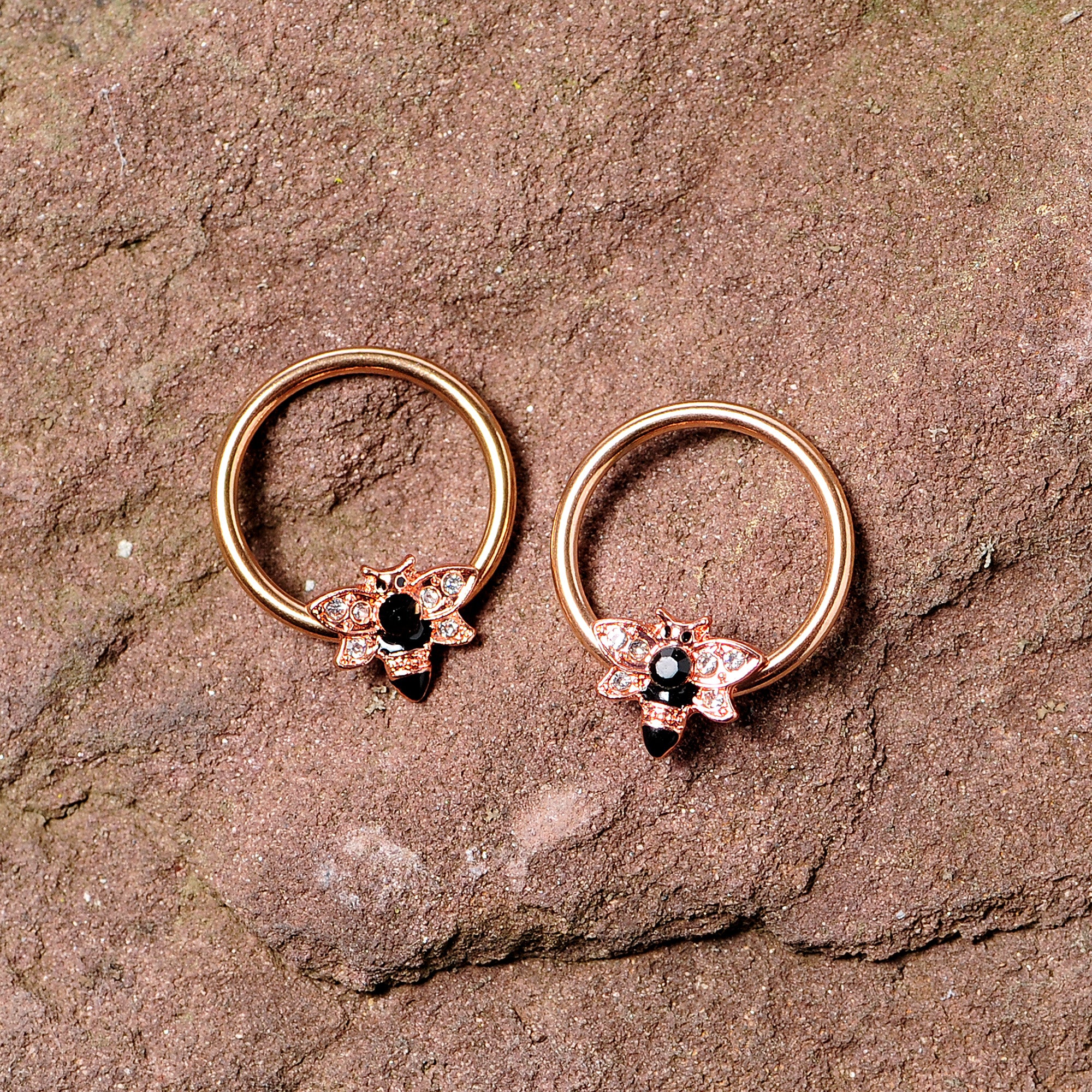 14G 9/16 Black Clear Gem Rose Gold Tone Bee BCR Nipple Ring Set