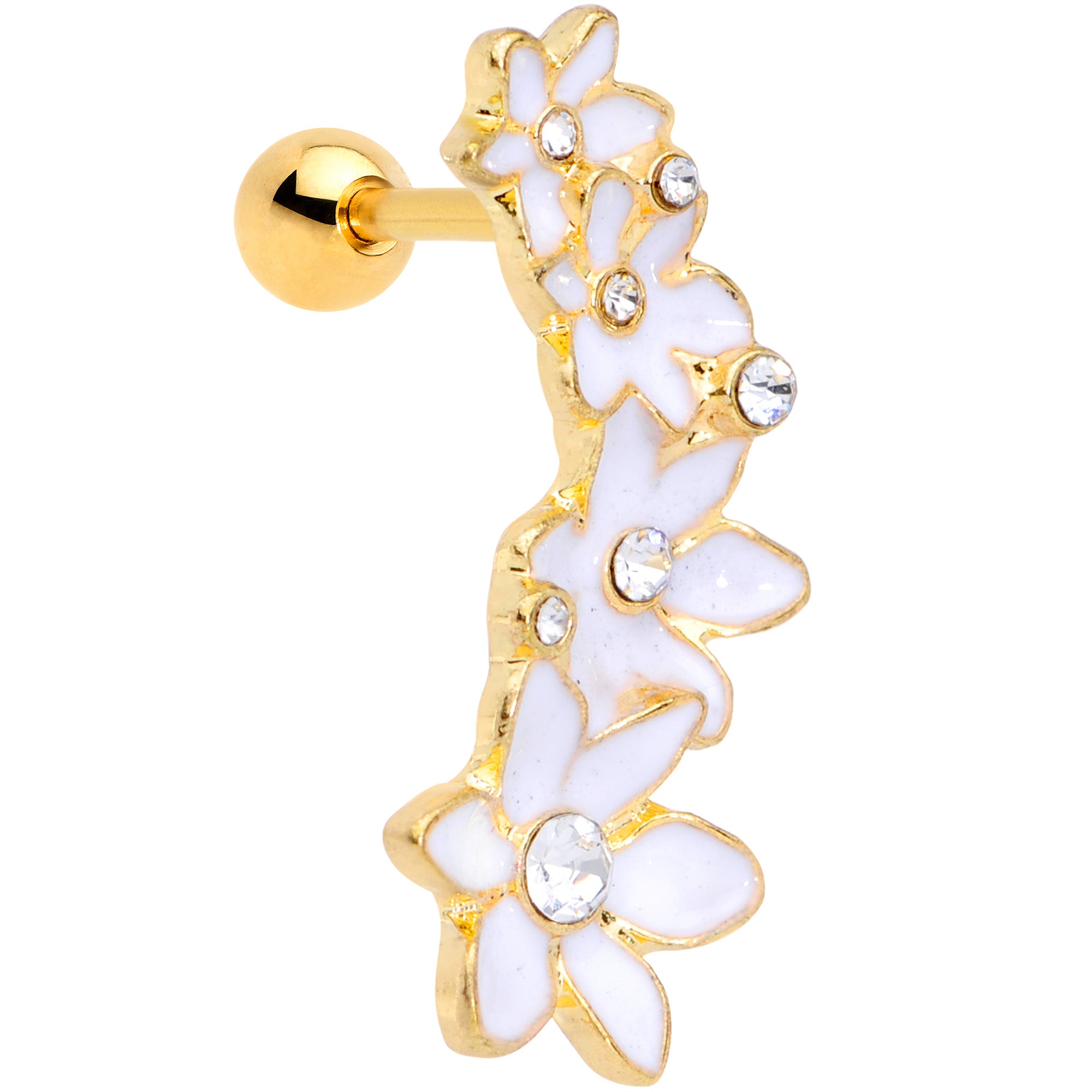 16G 1/4 Clear CZ Gem Gold Tone White Flower Left Cartilage Tragus