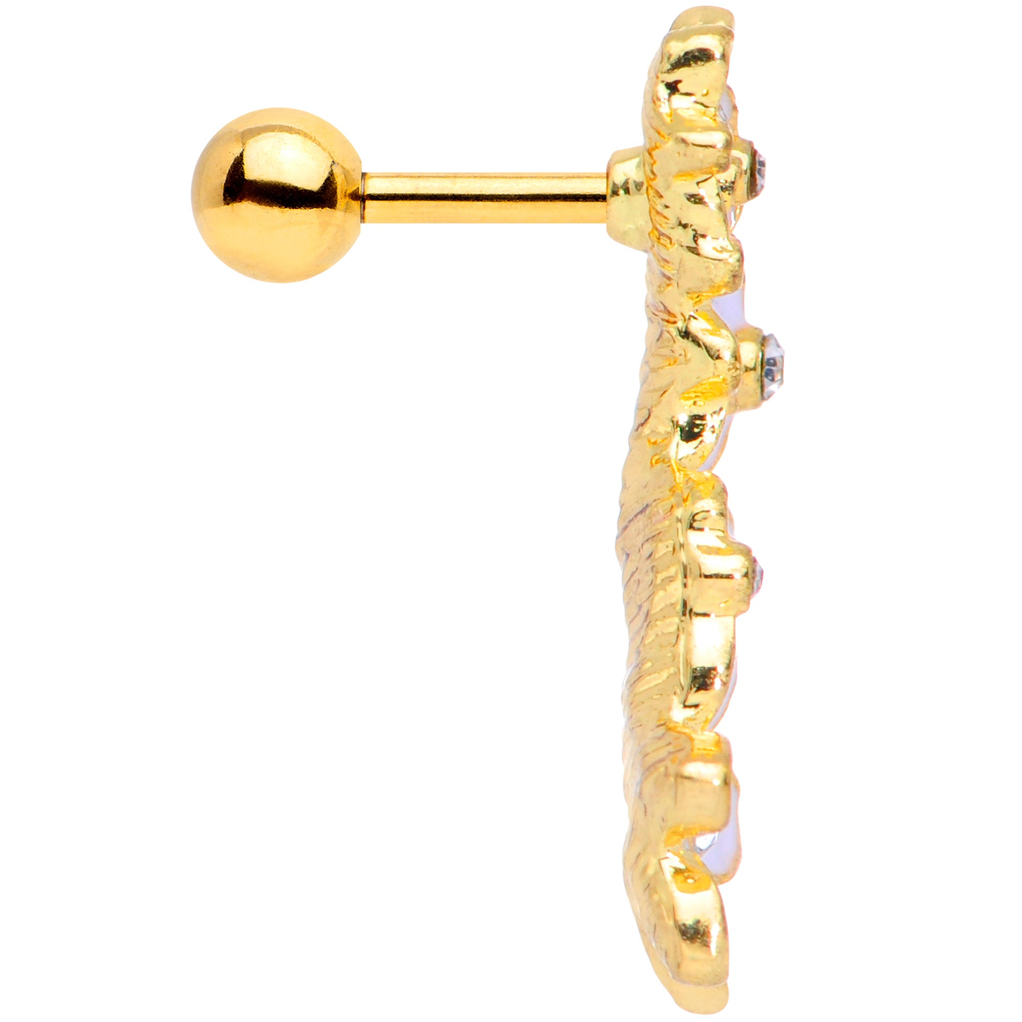 16G 1/4 Clear CZ Gem Gold Tone White Flower Left Cartilage Tragus