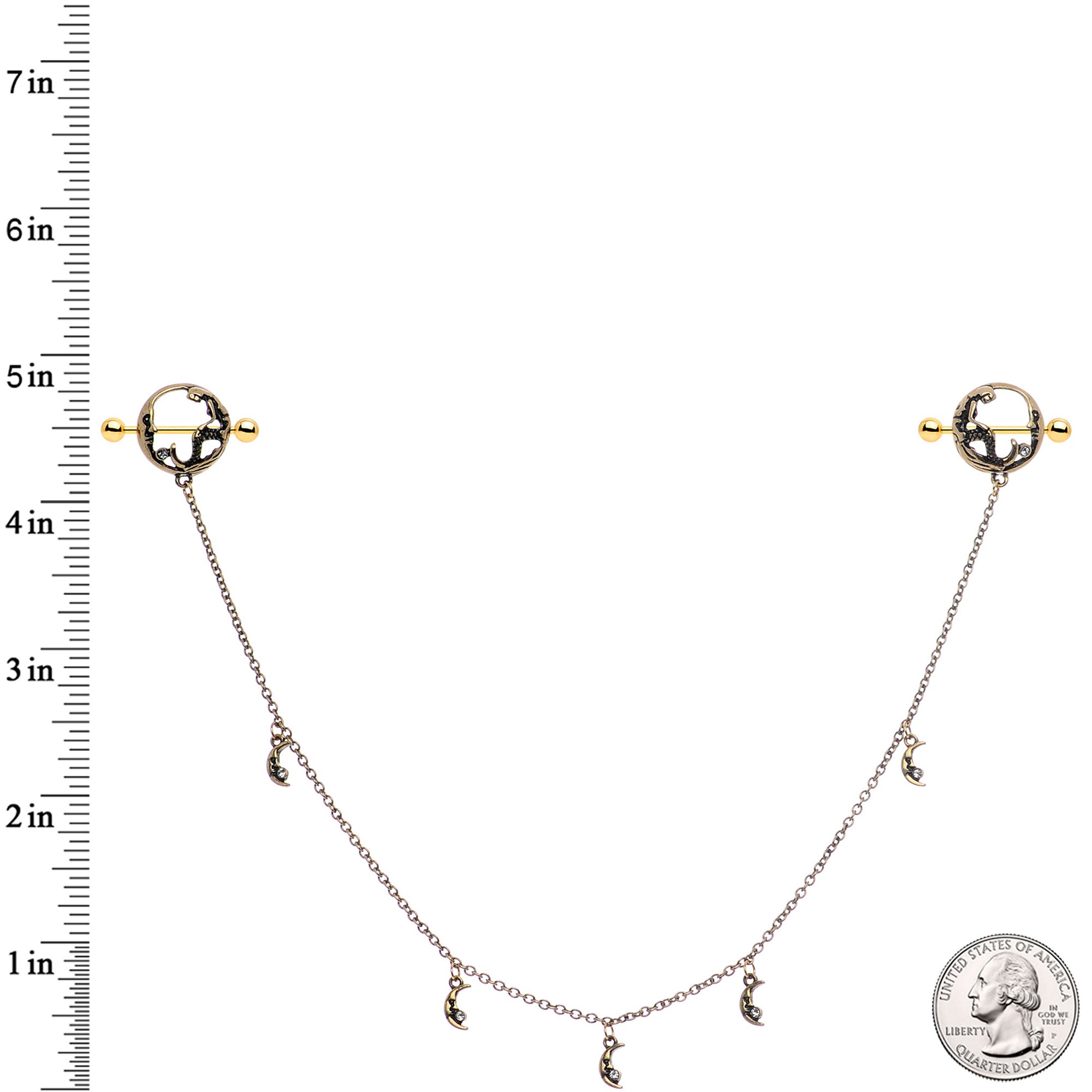 14G Clear Gem Gold Tone Moon Mermaid Nipple Shield Dangle Chain