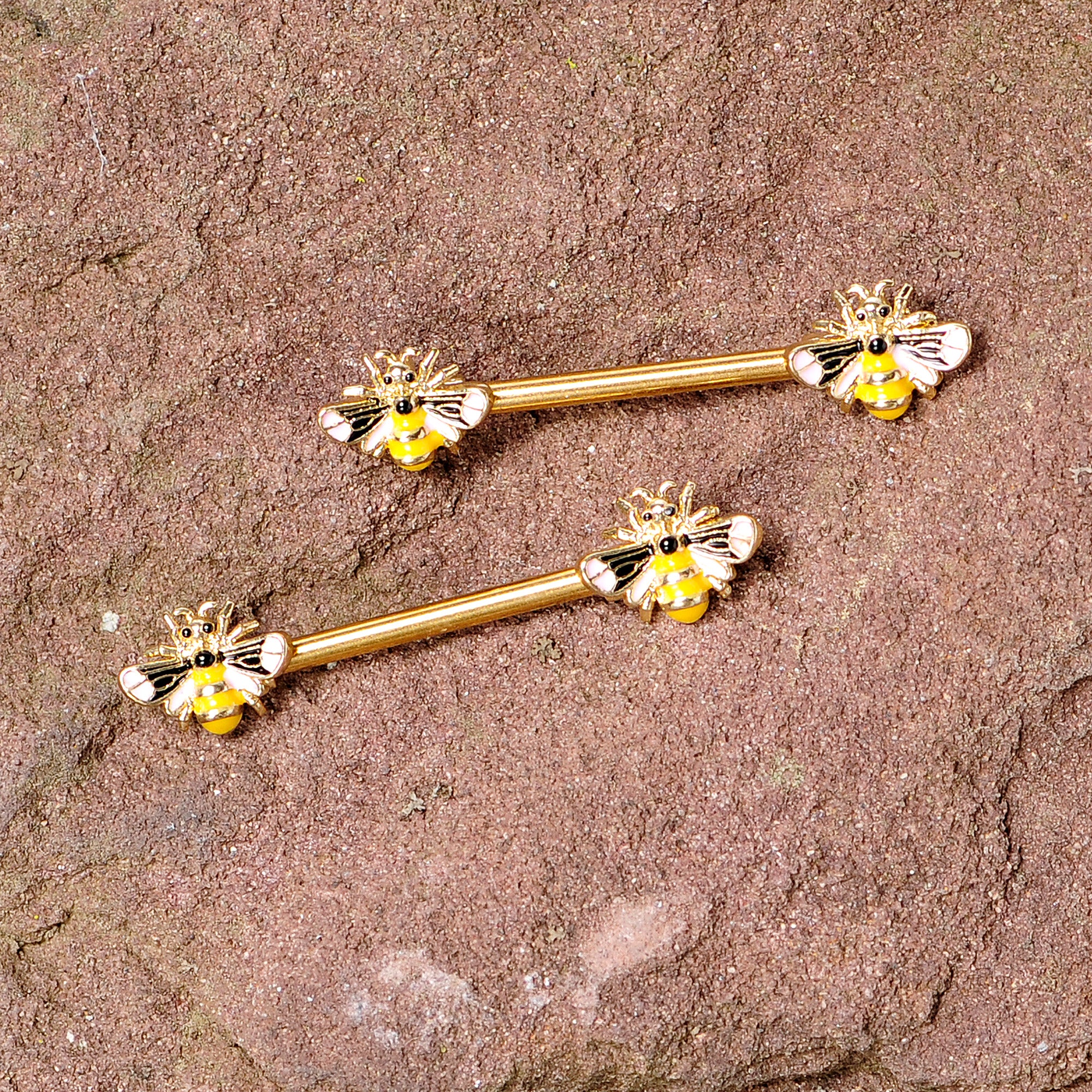 14G 9/16 Gold Tone Yellow Pink Bee Barbell Nipple Ring Set