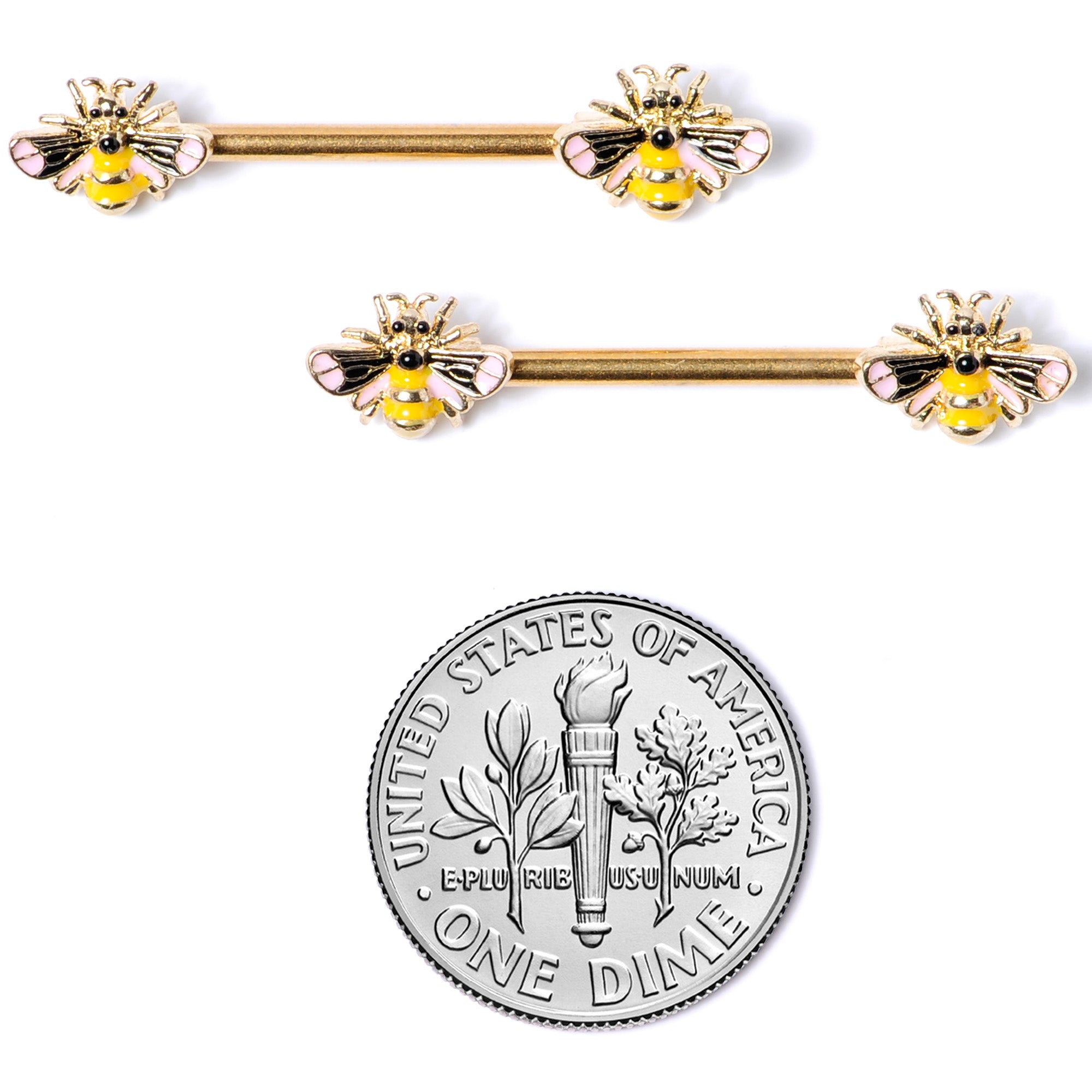 14G 9/16 Gold Tone Yellow Pink Bee Barbell Nipple Ring Set