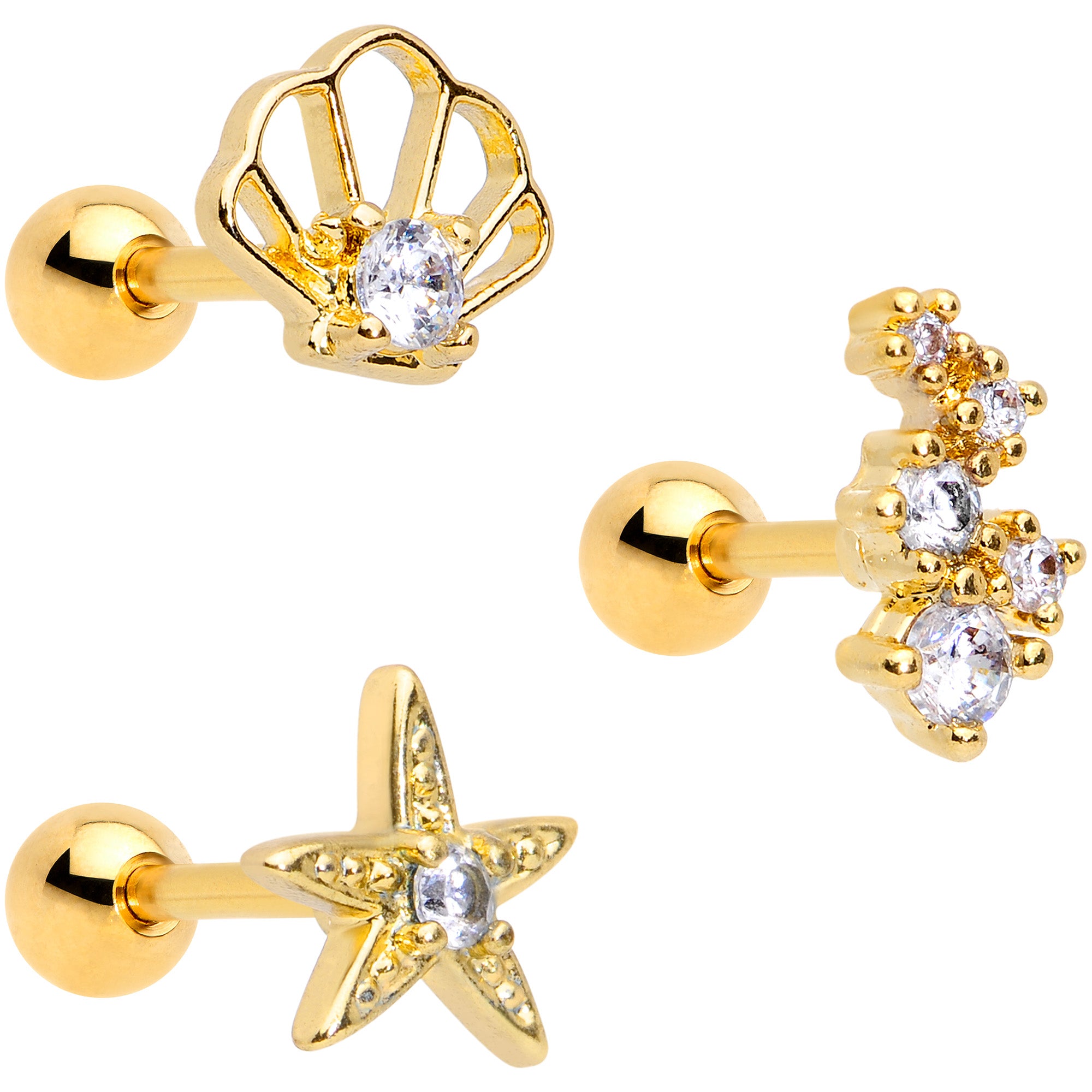 16G 1/4 Clear CZ Gem Gold Tone Nautical Cartilage Tragus Set of 3