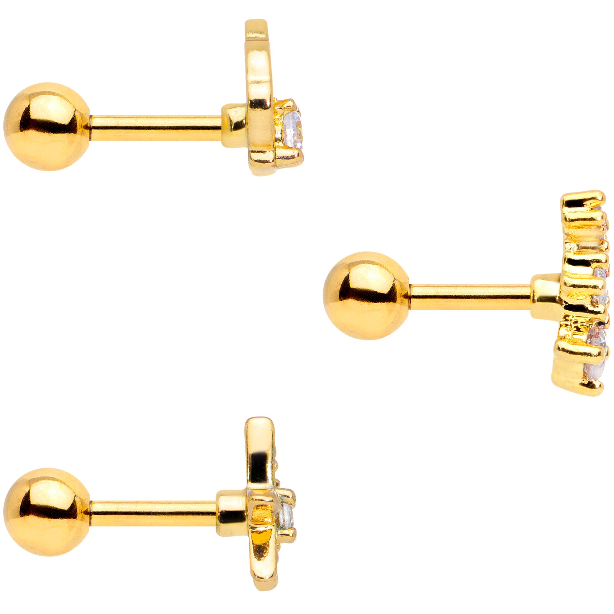 16G 1/4 Clear CZ Gem Gold Tone Nautical Cartilage Tragus Set of 3