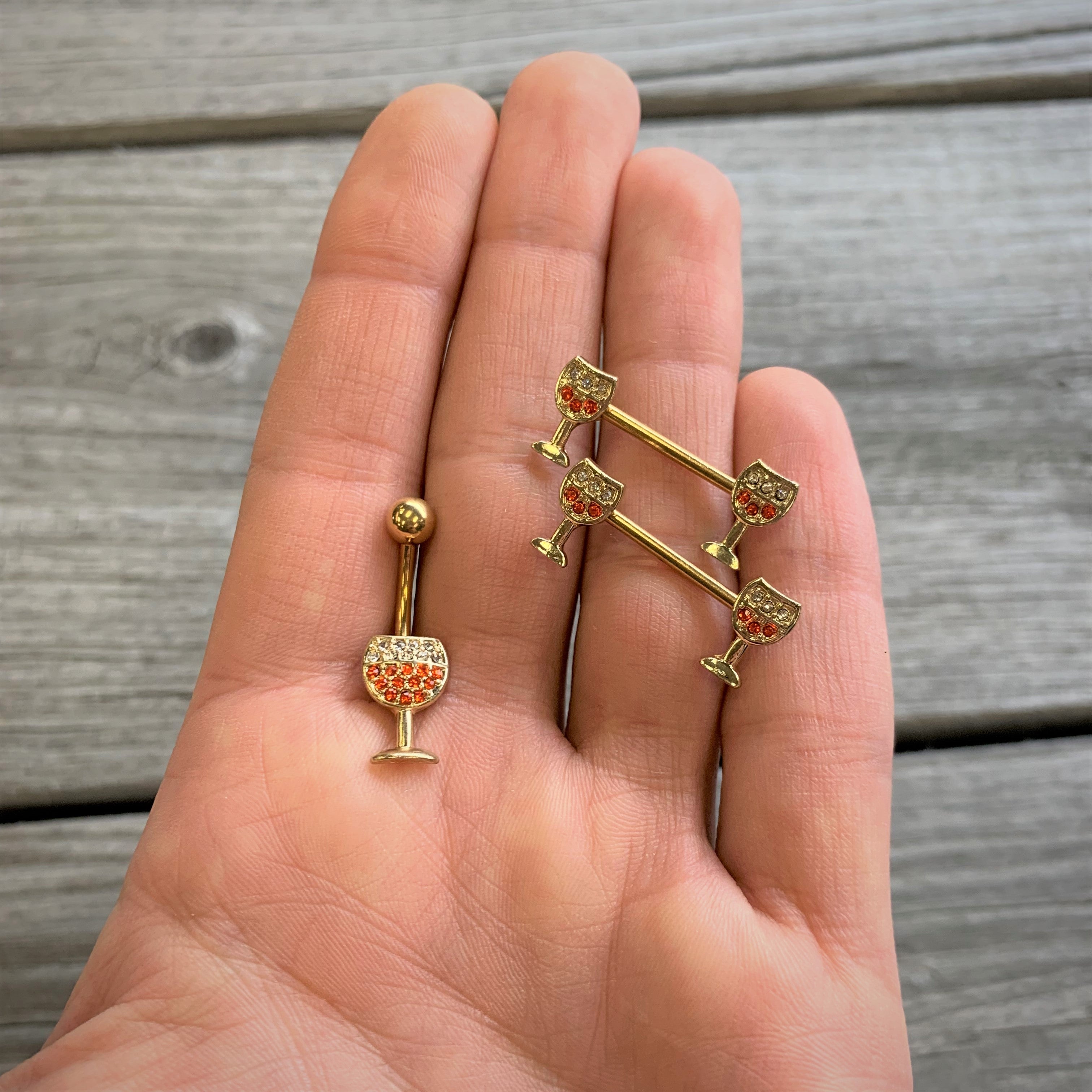 Clear Orange Gem Gold Tone Holiday Wine Belly Ring