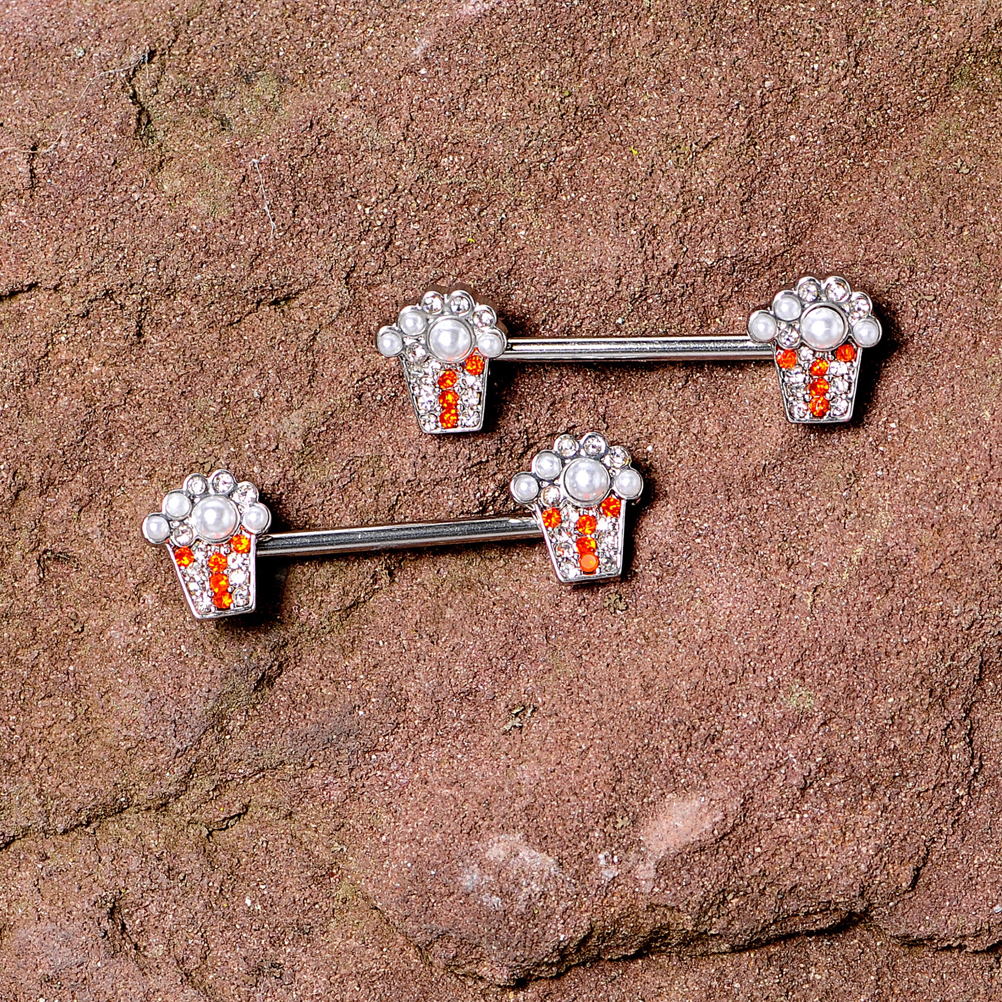 14G 9/16 White Orb Movie Night Popcorn Barbell Nipple Ring Set