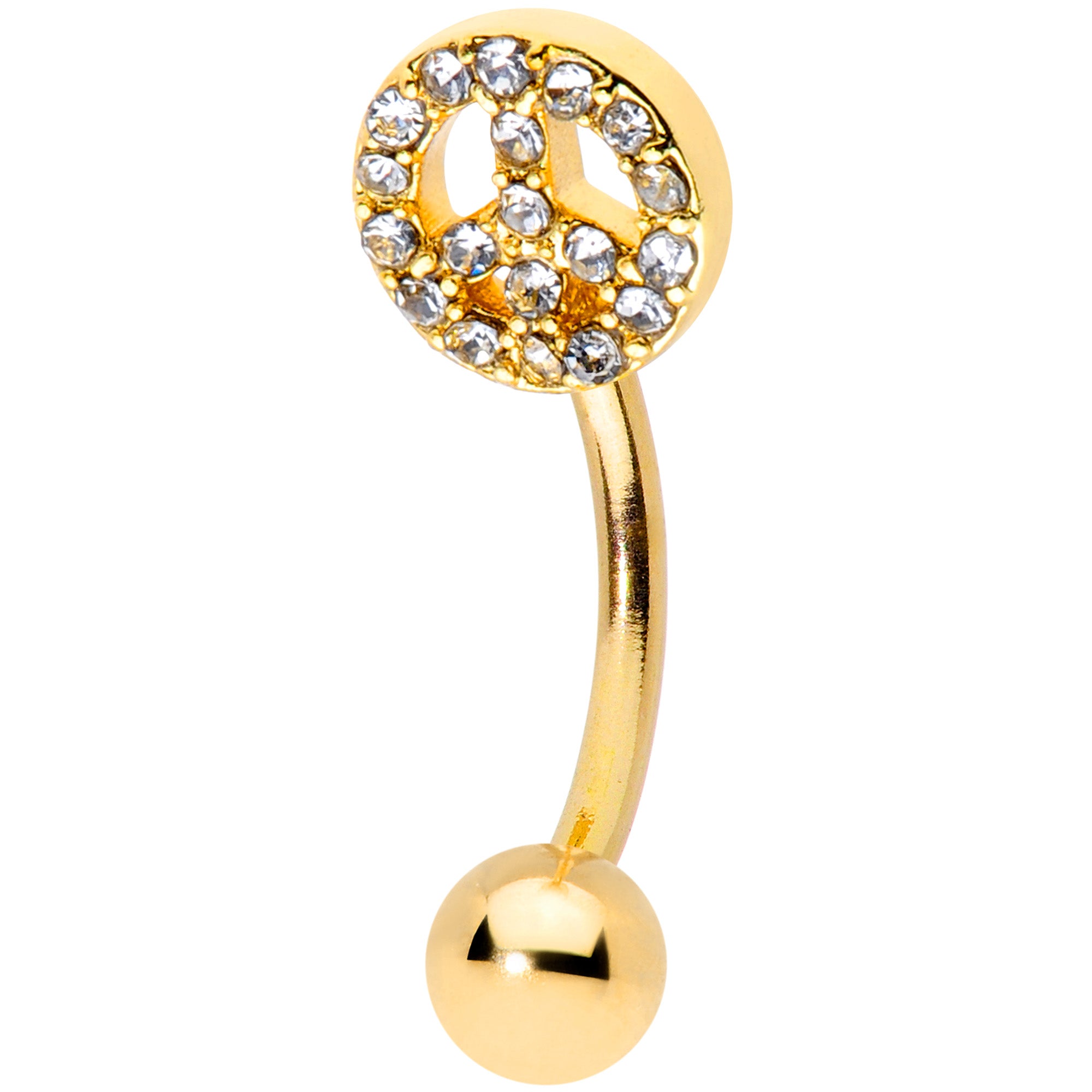 16G 5/16 Clear Gem Gold Tone Retro Peace Sign Curved Eyebrow Ring
