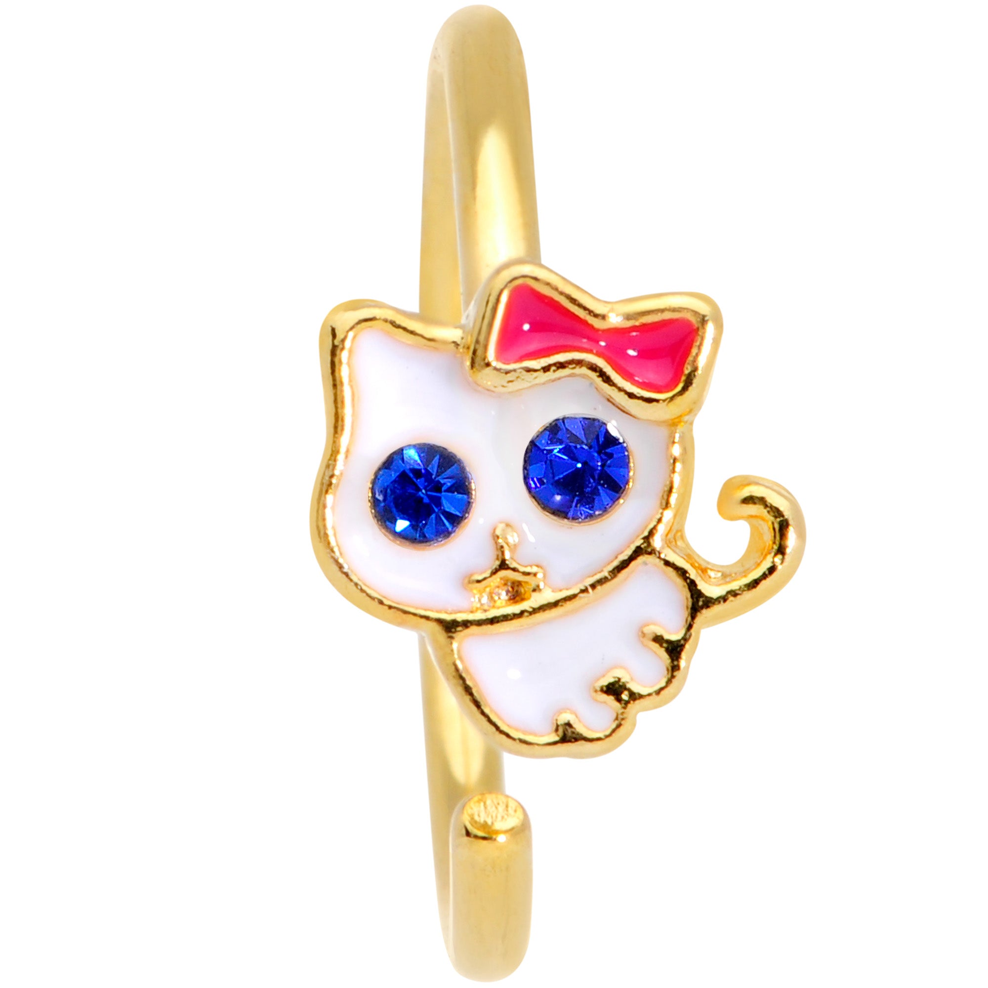 18G 3/8 Blue CZ Gem Gold Tone Sweet Kitty Cat Nose Hoop