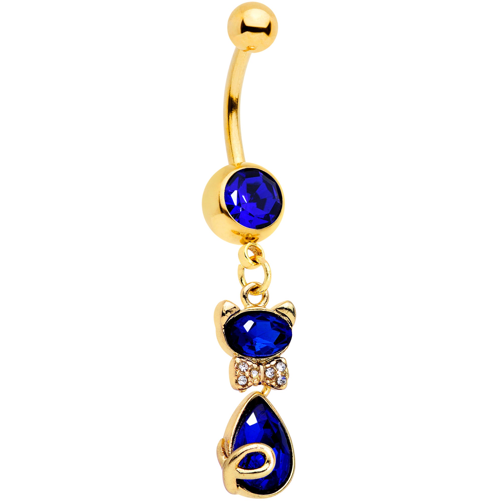 Clear Blue Gem Gold Tone Classy Cat Dangle Belly Ring