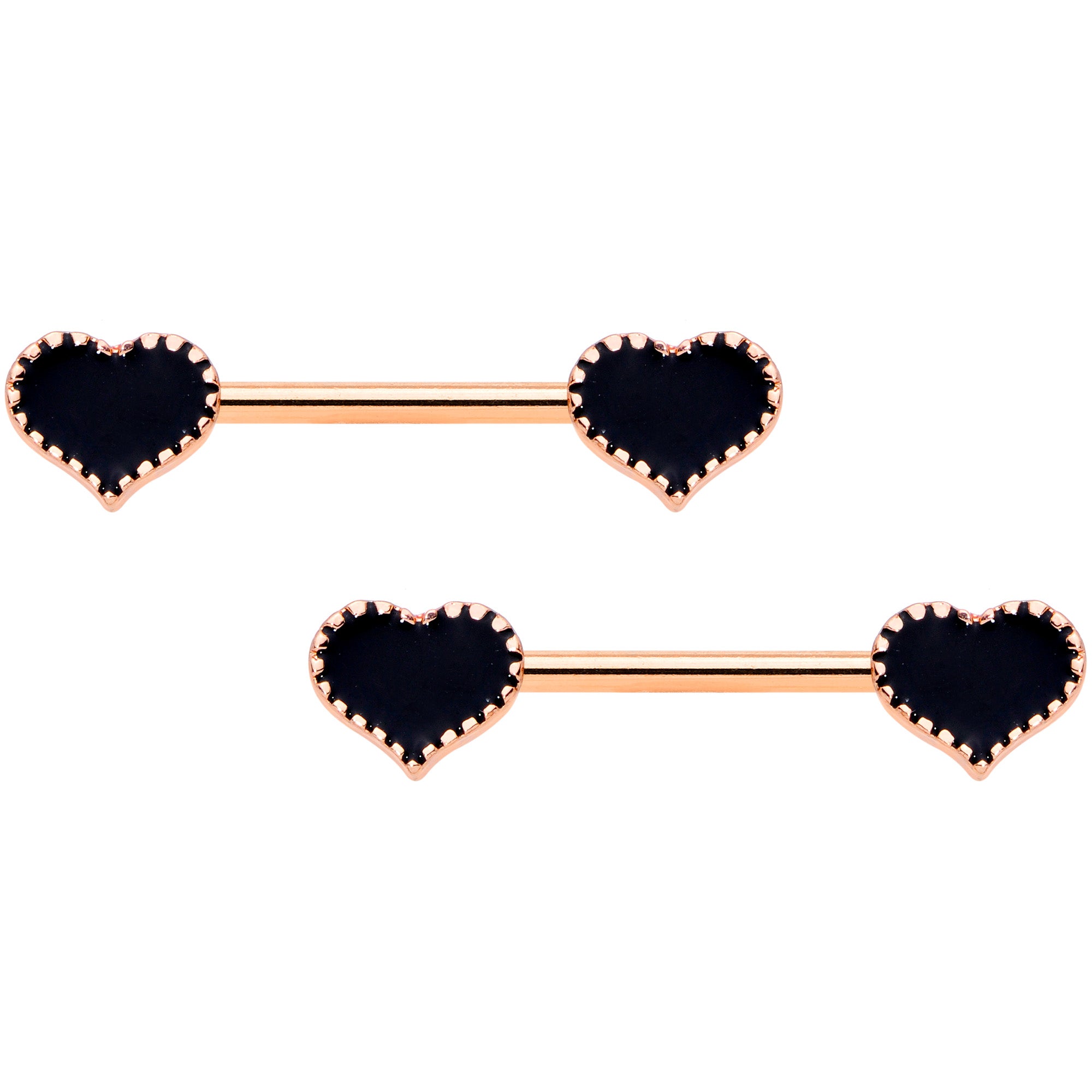 14G 9/16 Rose Gold Tone Black Heart Barbell Nipple Ring Set