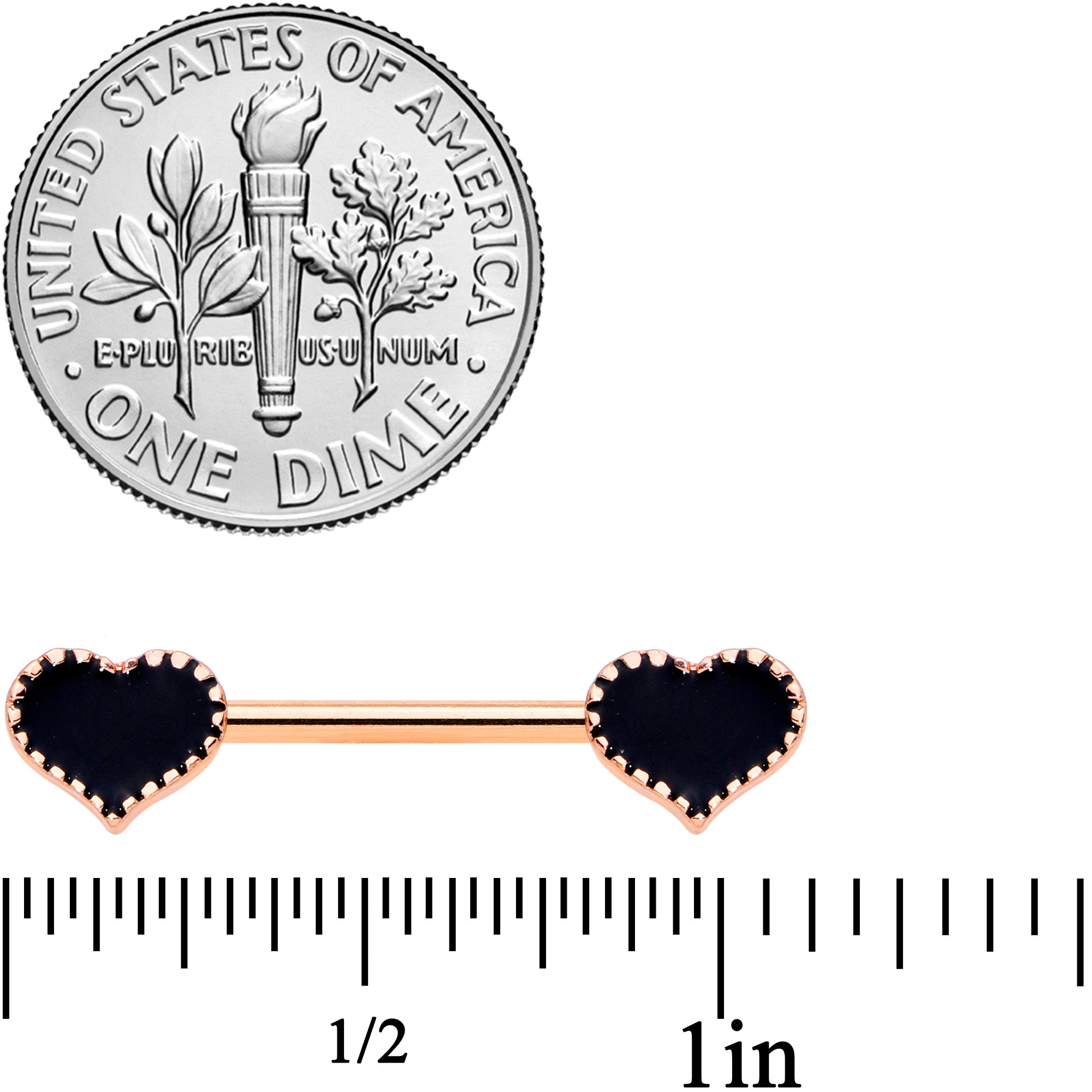 14G 9/16 Rose Gold Tone Black Heart Barbell Nipple Ring Set