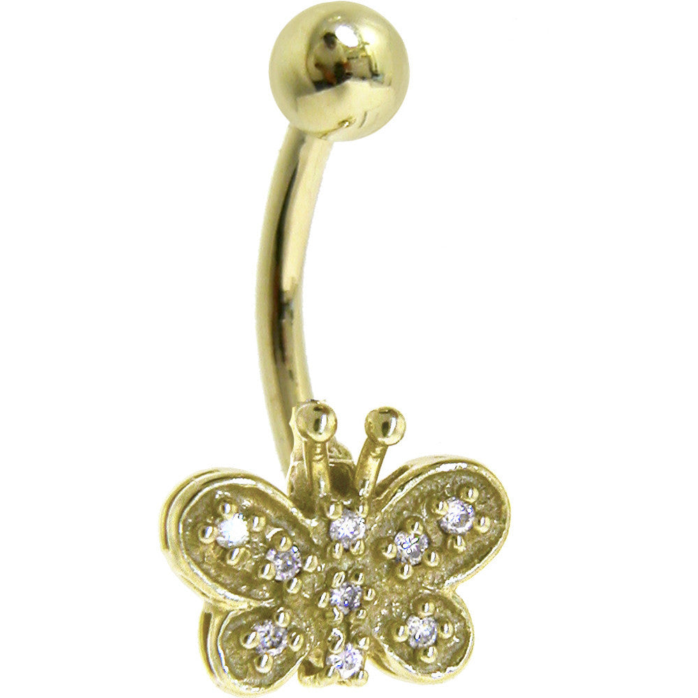 16G Solid 14K Yellow Gold Genuine Diamond BUTTERFLY Belly Ring