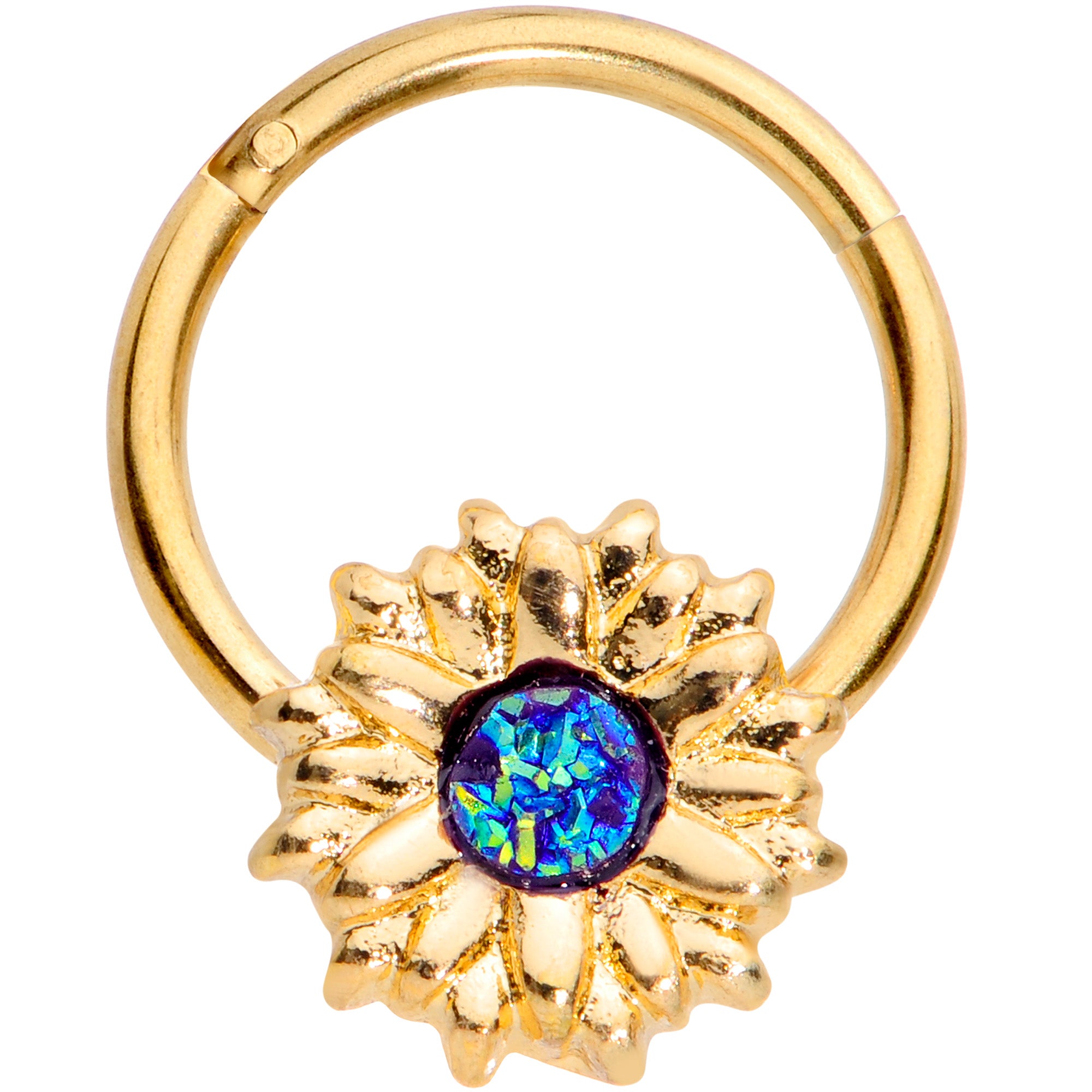 16G 3/8 Gold Tone Blue Center Sunflower Hinged Segment Ring