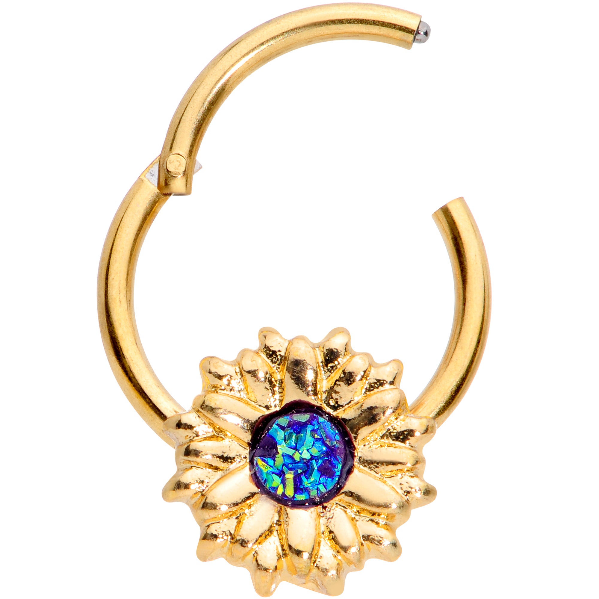 16G 3/8 Gold Tone Blue Center Sunflower Hinged Segment Ring