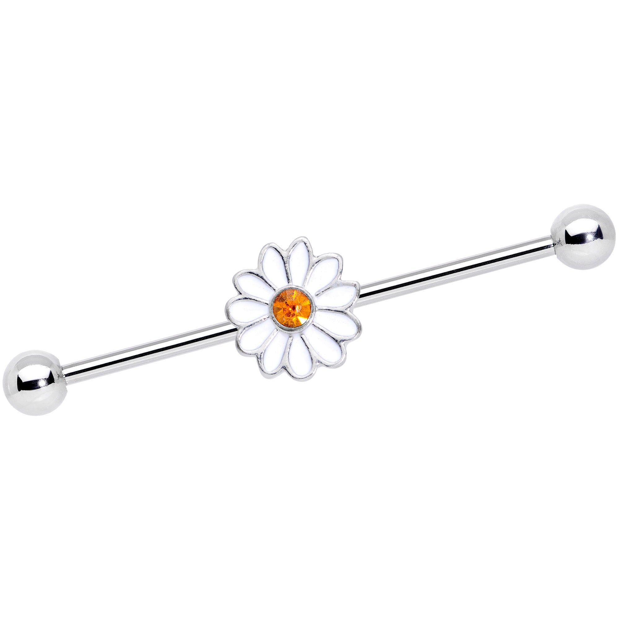 14G Yellow Gem White Daisy Flower Industrial Barbell 38mm