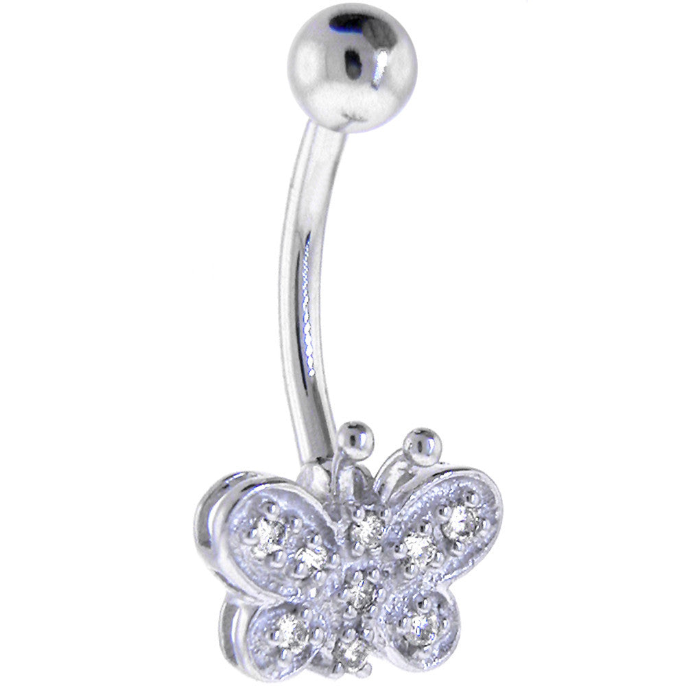 16G Solid 14K White Gold Genuine Diamond BUTTERFLY Belly Ring