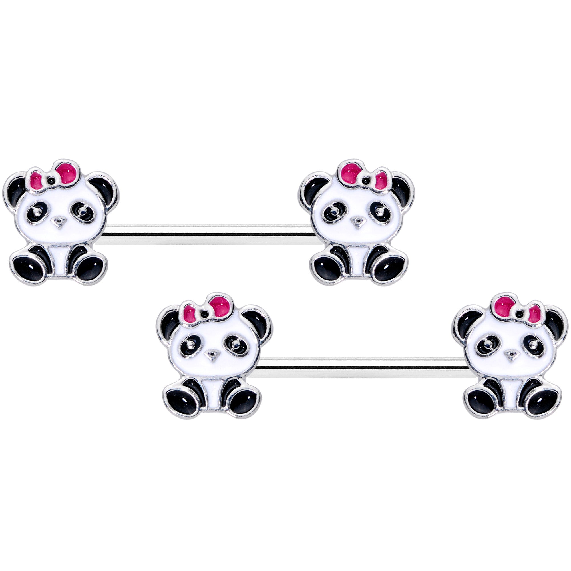 14G 9/16 Black White Precious Panda Barbell Nipple Ring Set