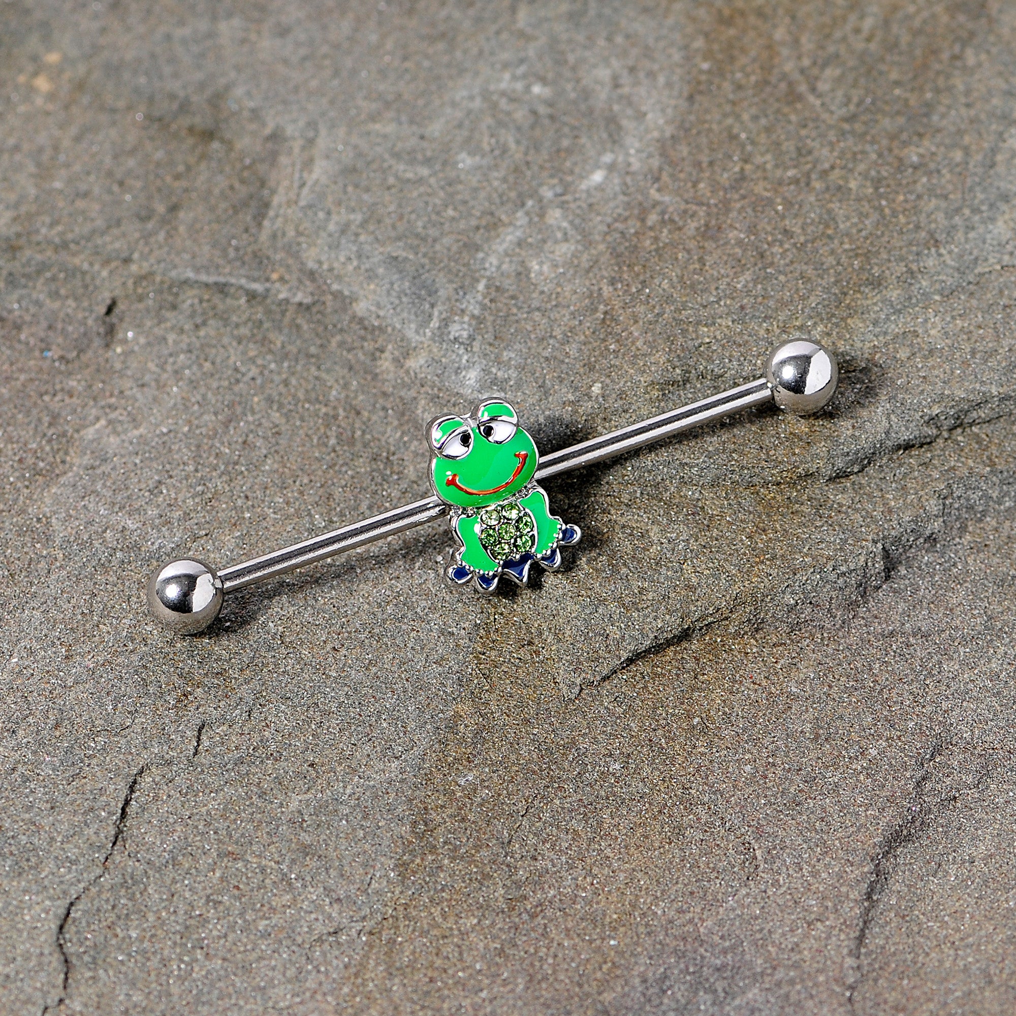 14G Green Gem Green Goofy Frog Industrial Barbell 38mm