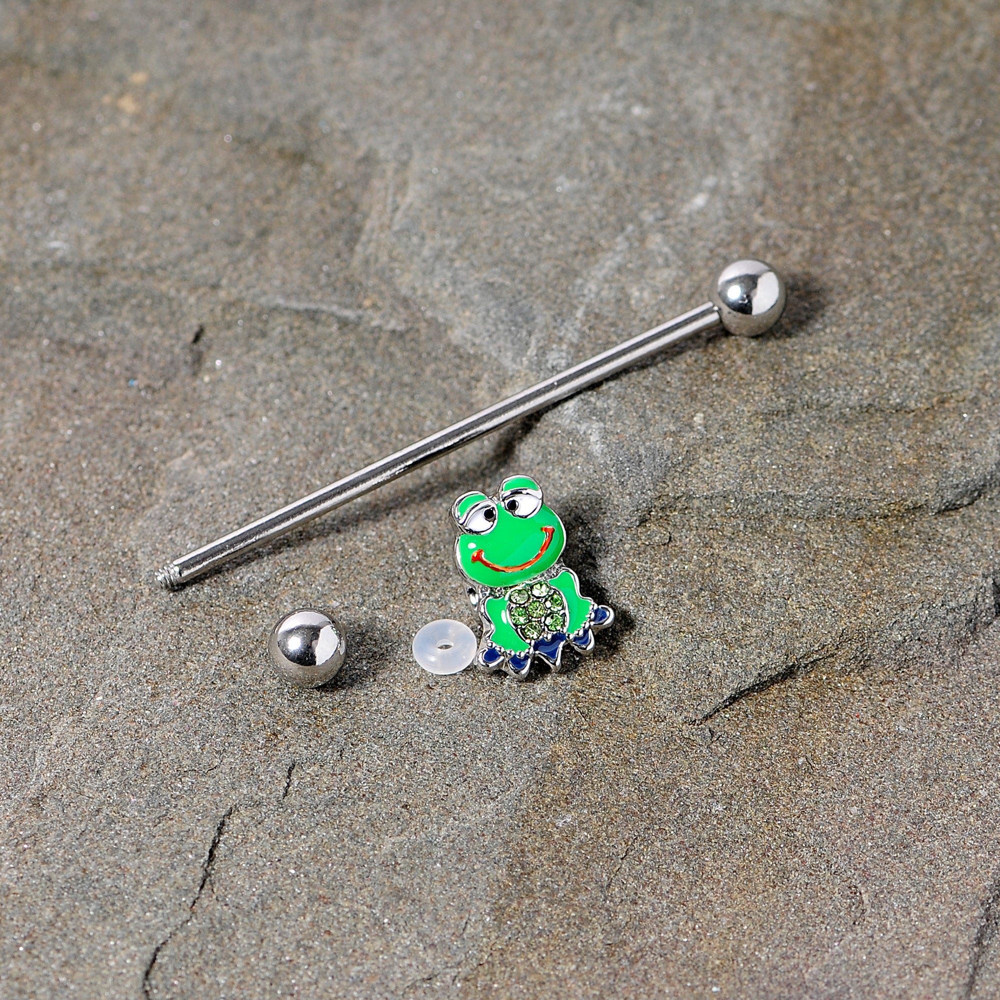 14G Green Gem Green Goofy Frog Industrial Barbell 38mm