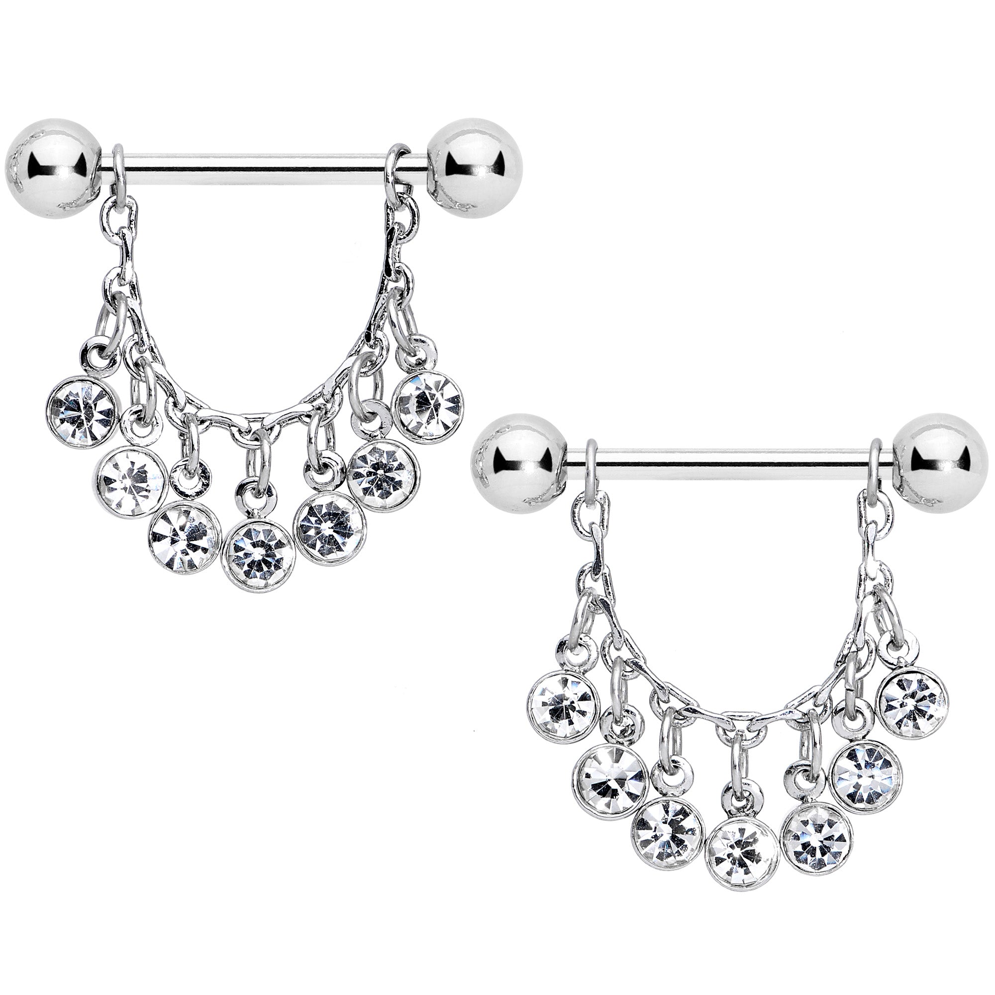 14G 5/8 Clear Gem Fringe Dangle Barbell Nipple Ring Set
