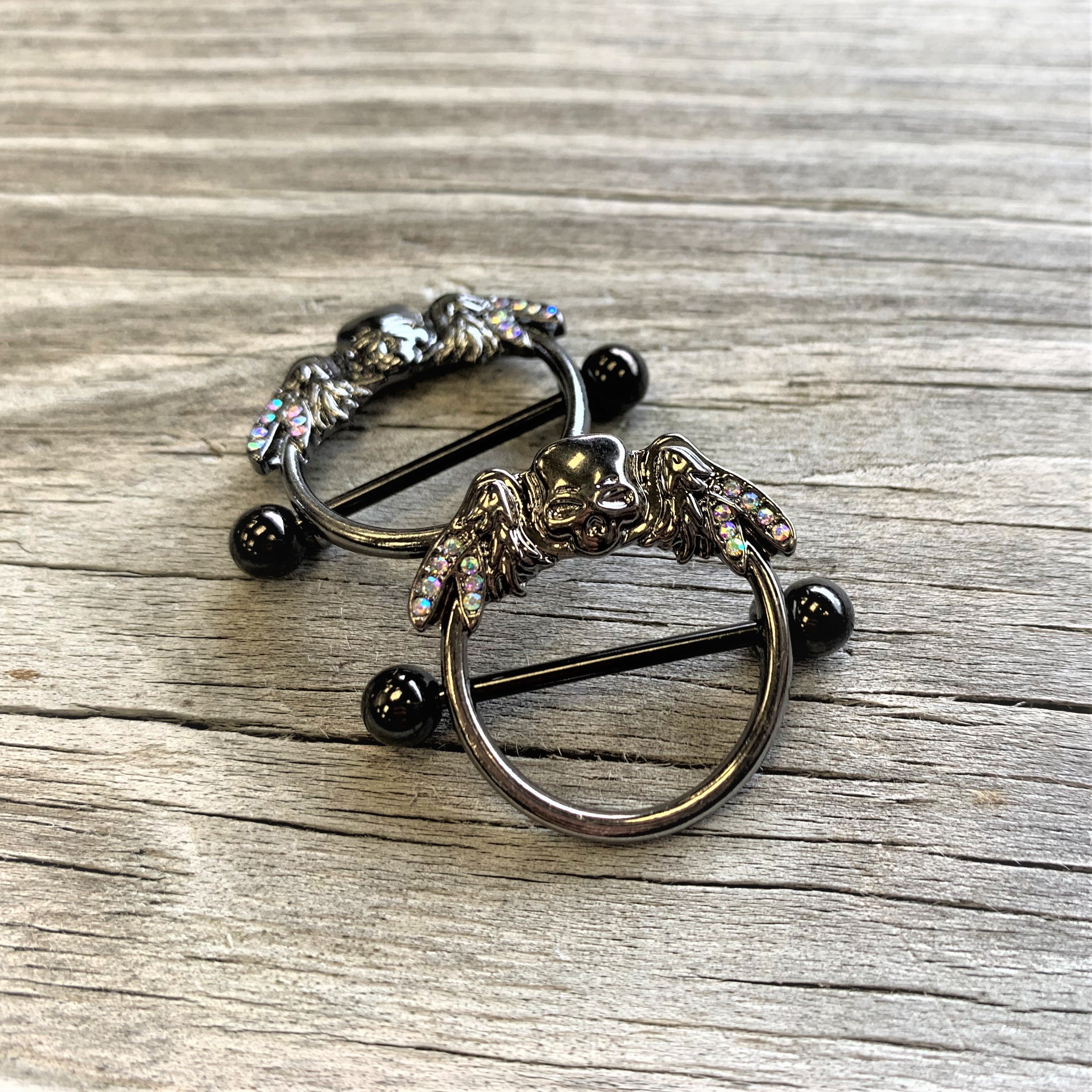 14G 7/8 Aurora Gem Black Winged Skull Halloween Nipple Shield Set