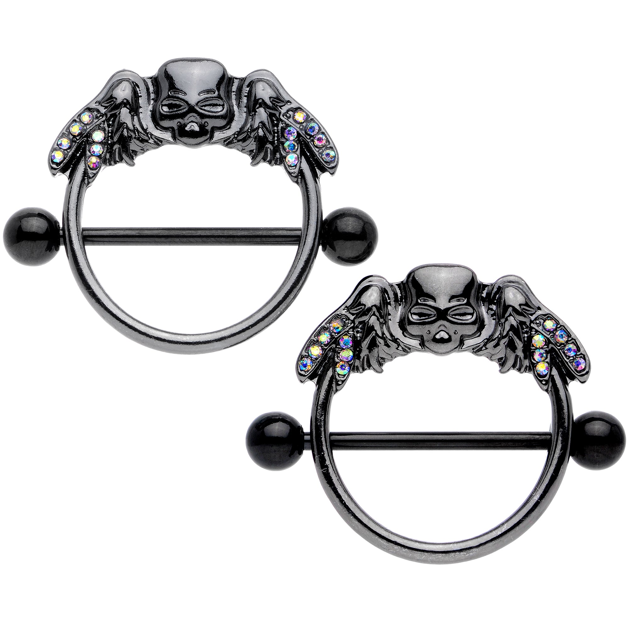 14G 7/8 Aurora Gem Black Winged Skull Halloween Nipple Shield Set