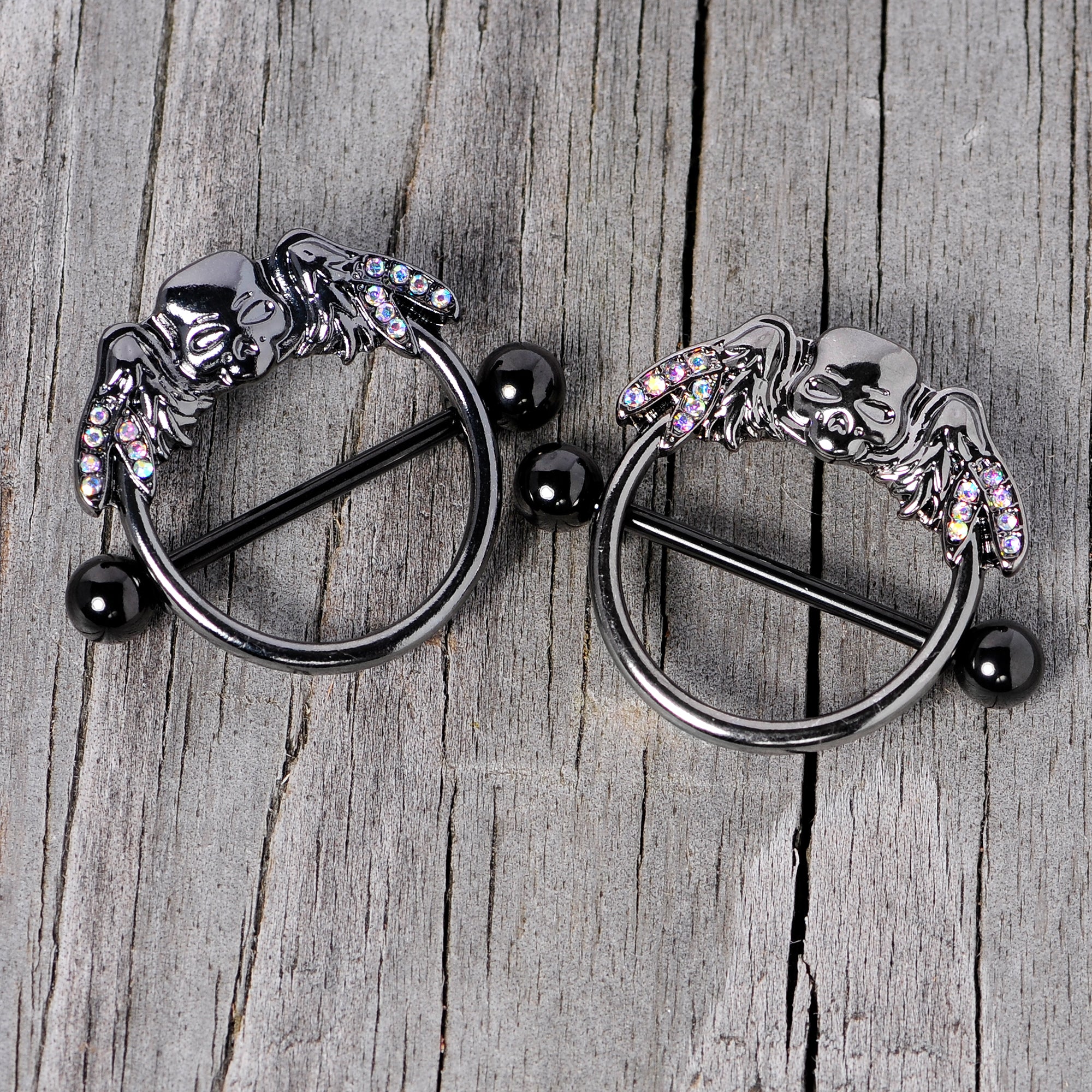 14G 7/8 Aurora Gem Black Winged Skull Halloween Nipple Shield Set