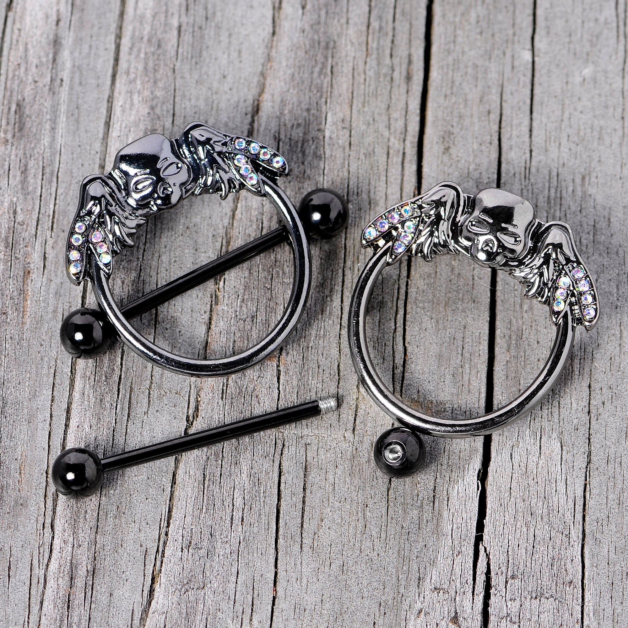14G 7/8 Aurora Gem Black Winged Skull Halloween Nipple Shield Set