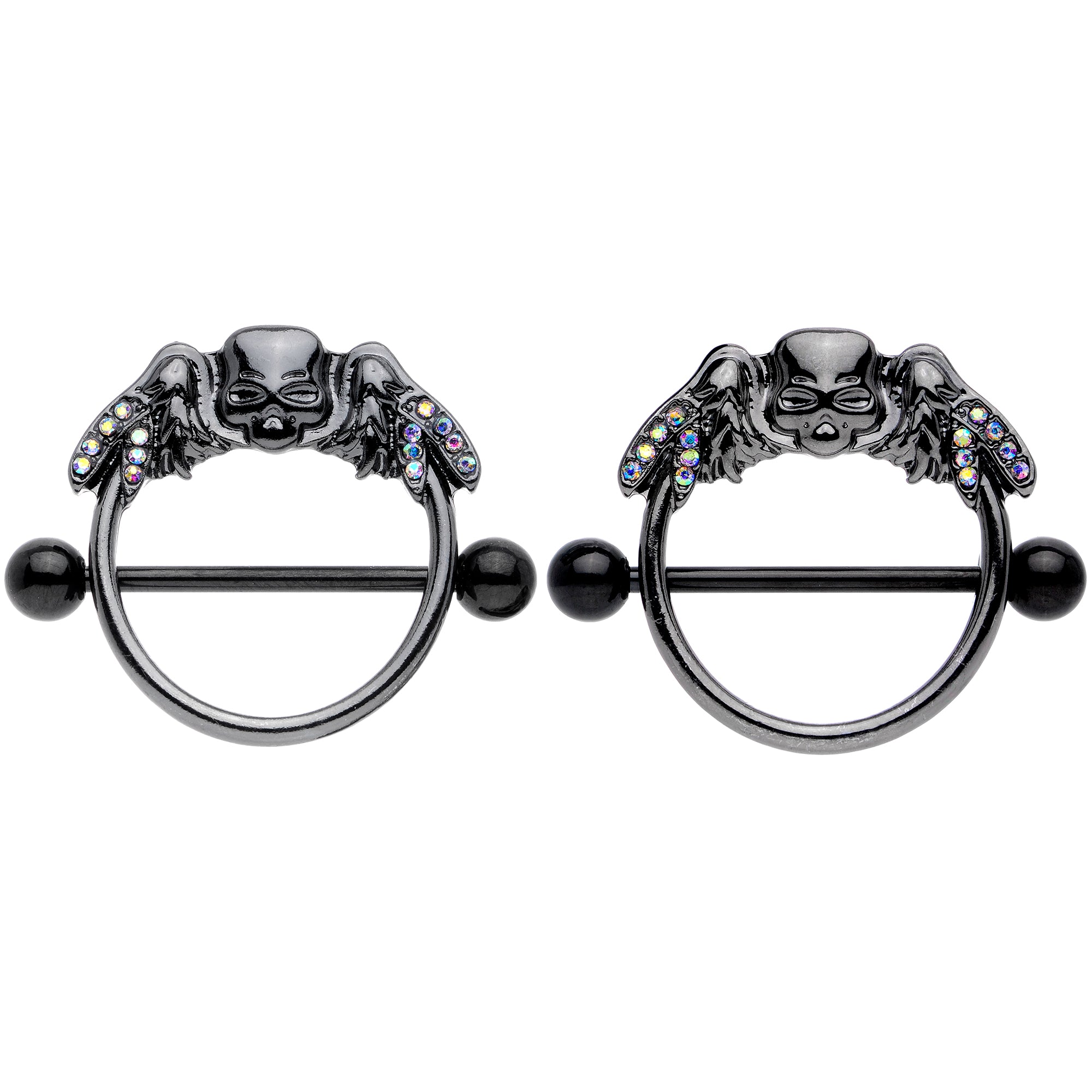 14G 7/8 Aurora Gem Black Winged Skull Halloween Nipple Shield Set