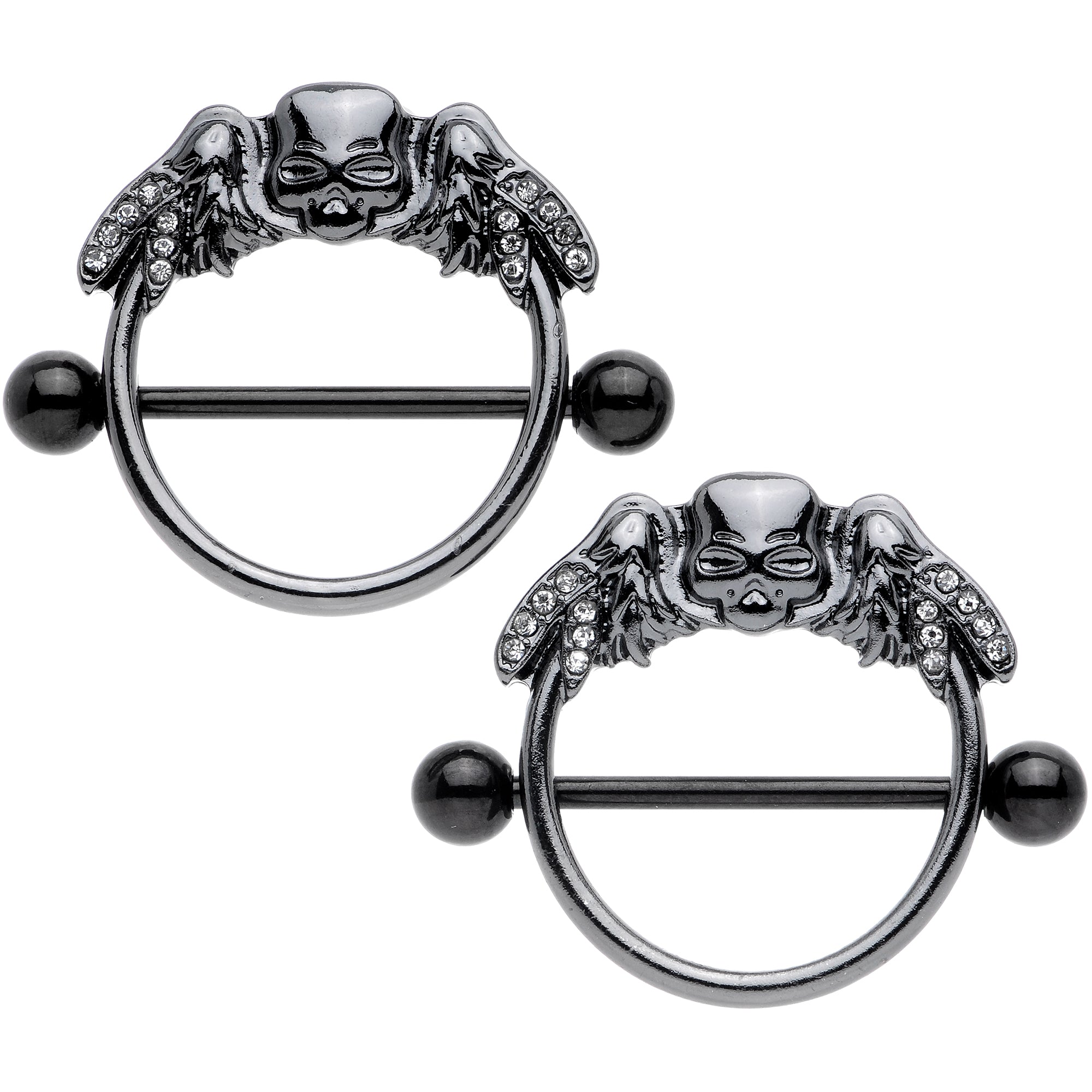 14G 7/8 Clear Gem Black Winged Skull Halloween Nipple Shield Set