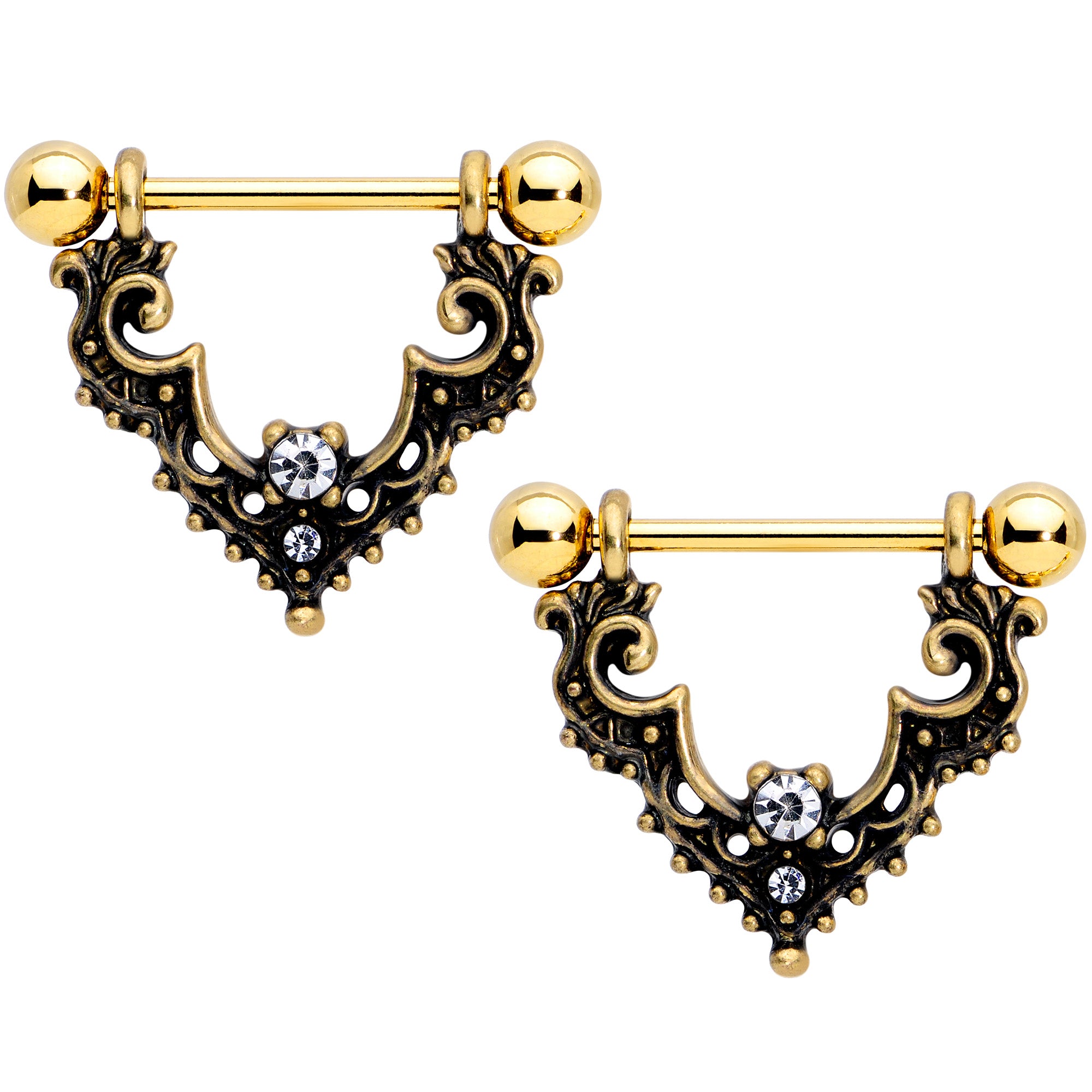 14G 9/16 Clear Gem Gold Tone Baroque Bat Nipple Shield Set