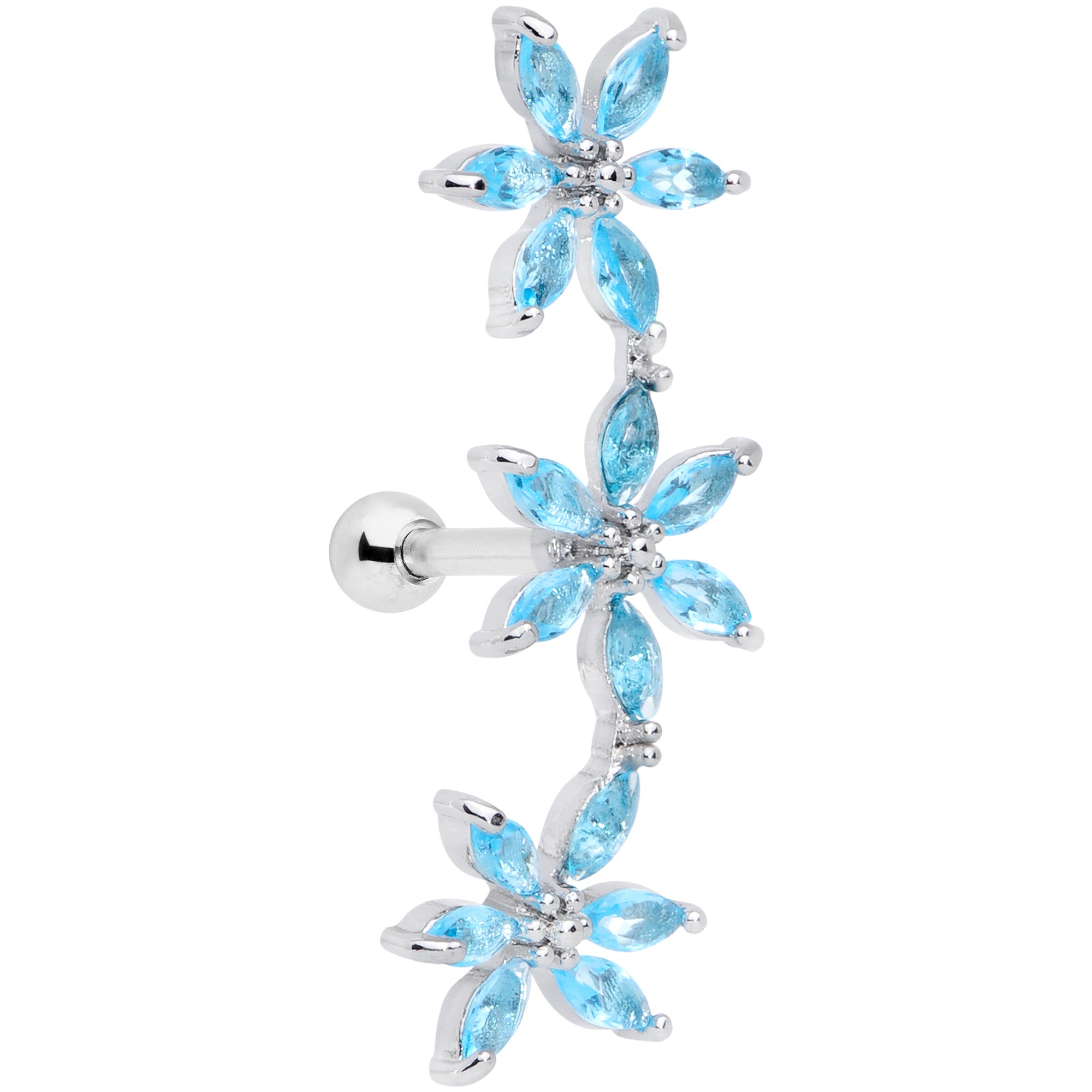 16G 1/4 Aqua CZ Gem Tri Flower Cartilage