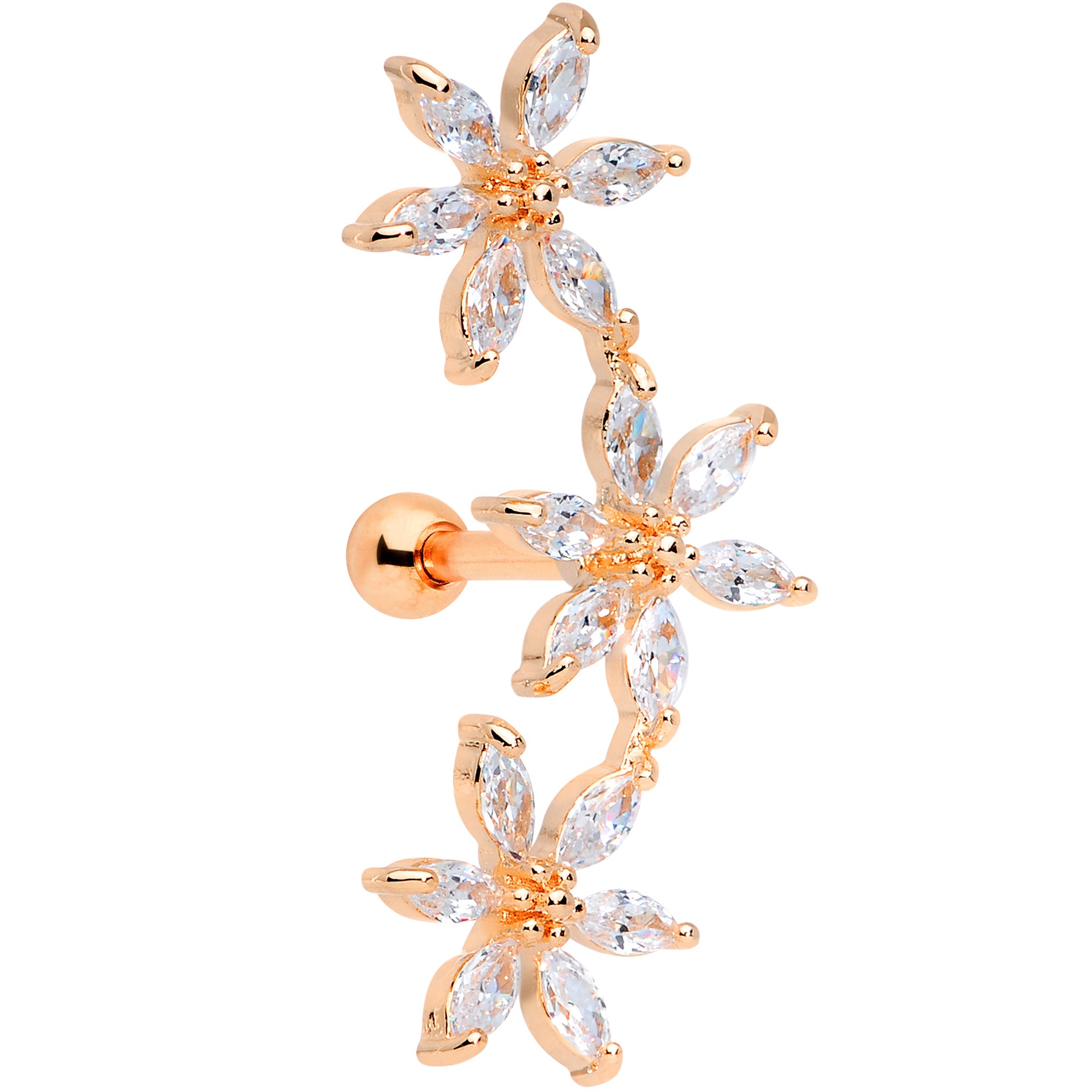 16G 1/4 Clear CZ Gem Rose Gold Tone Tri Flower Cartilage