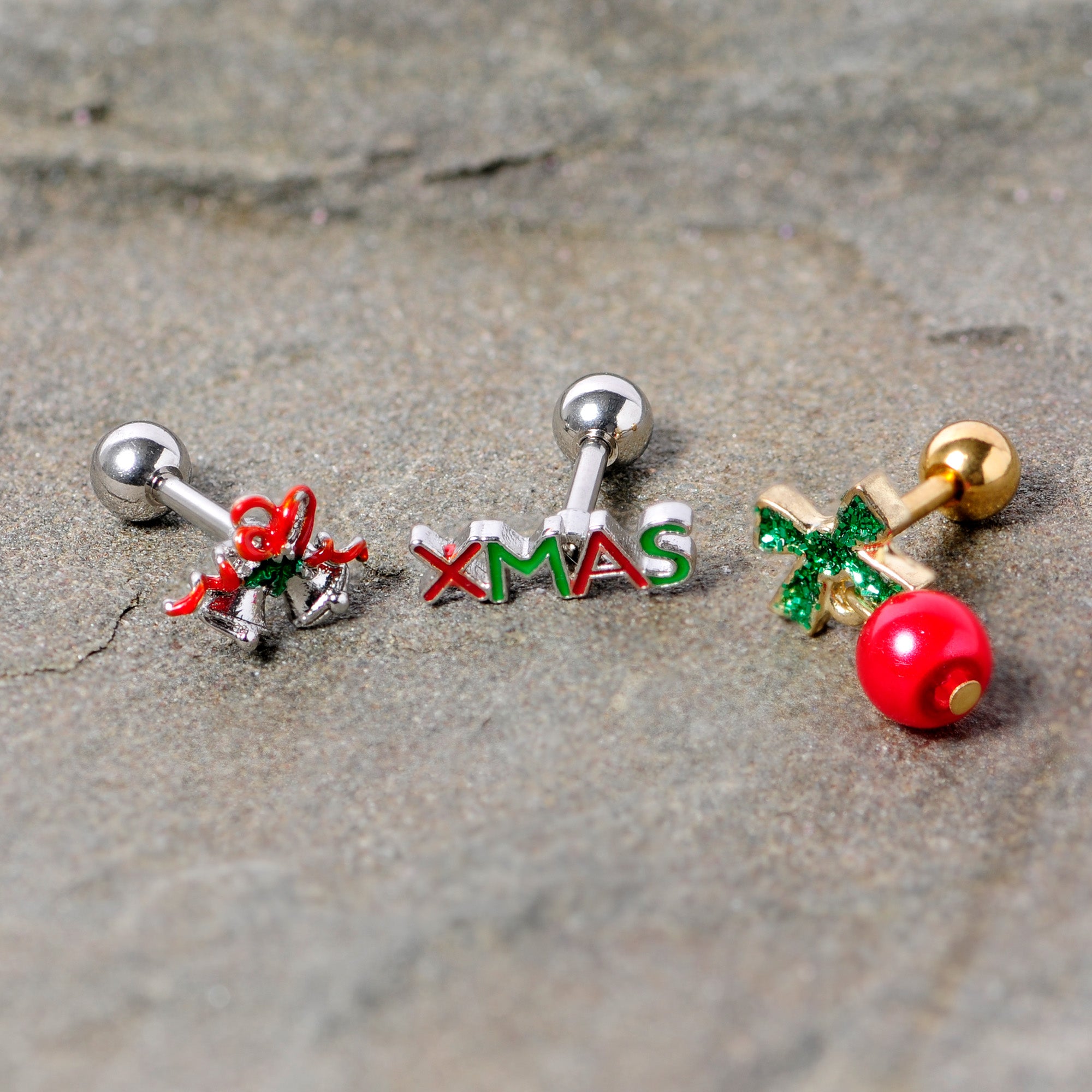 16G 1/4 Merry Christmas Cartilage Tragus Set of 3