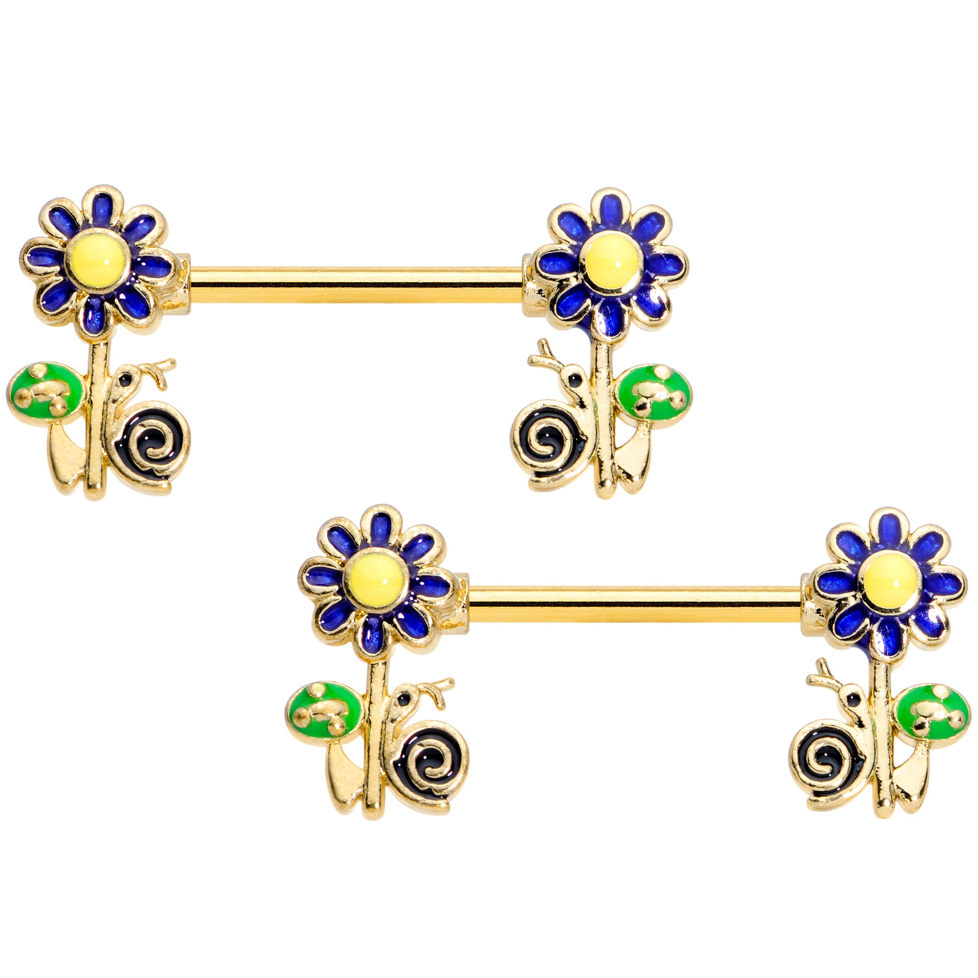 14G 9/16 Gold Tone Snail Flower Barbell Nipple Ring Set