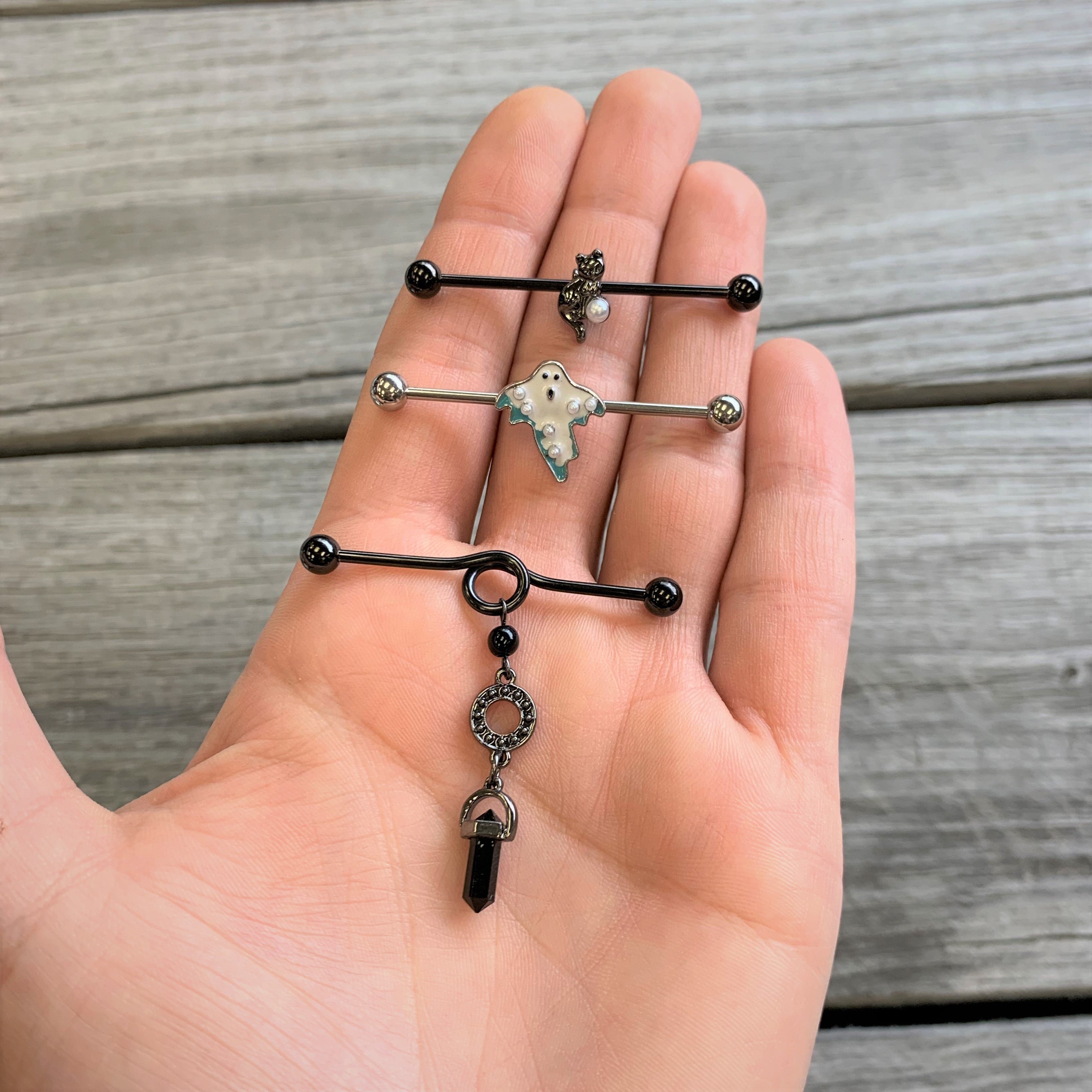 14G Black Gem Halloween Dangle Industrial Barbell 38mm