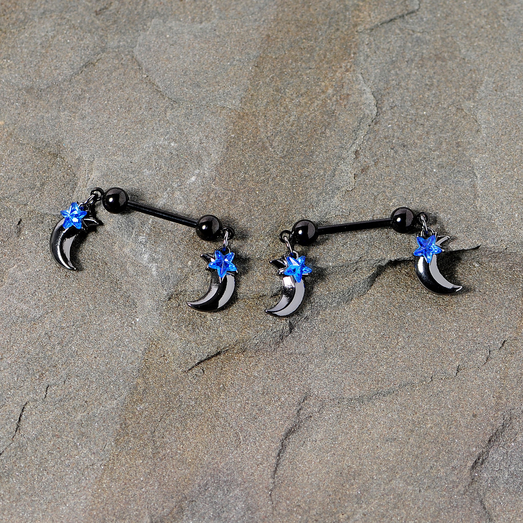 14G 9/16 Blue Gem Star Moon Dangle Nipple Ring Set