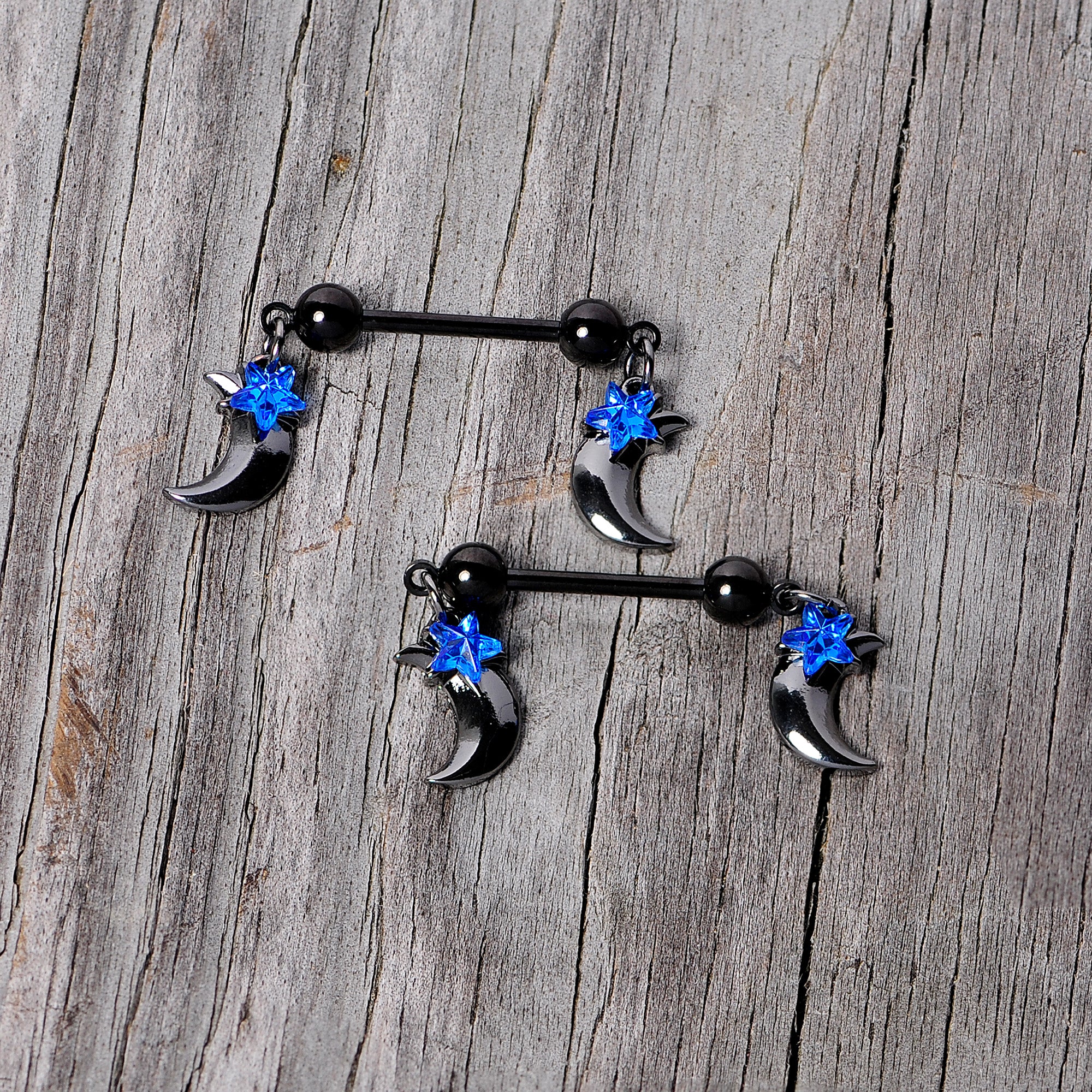 14G 9/16 Blue Gem Star Moon Dangle Nipple Ring Set
