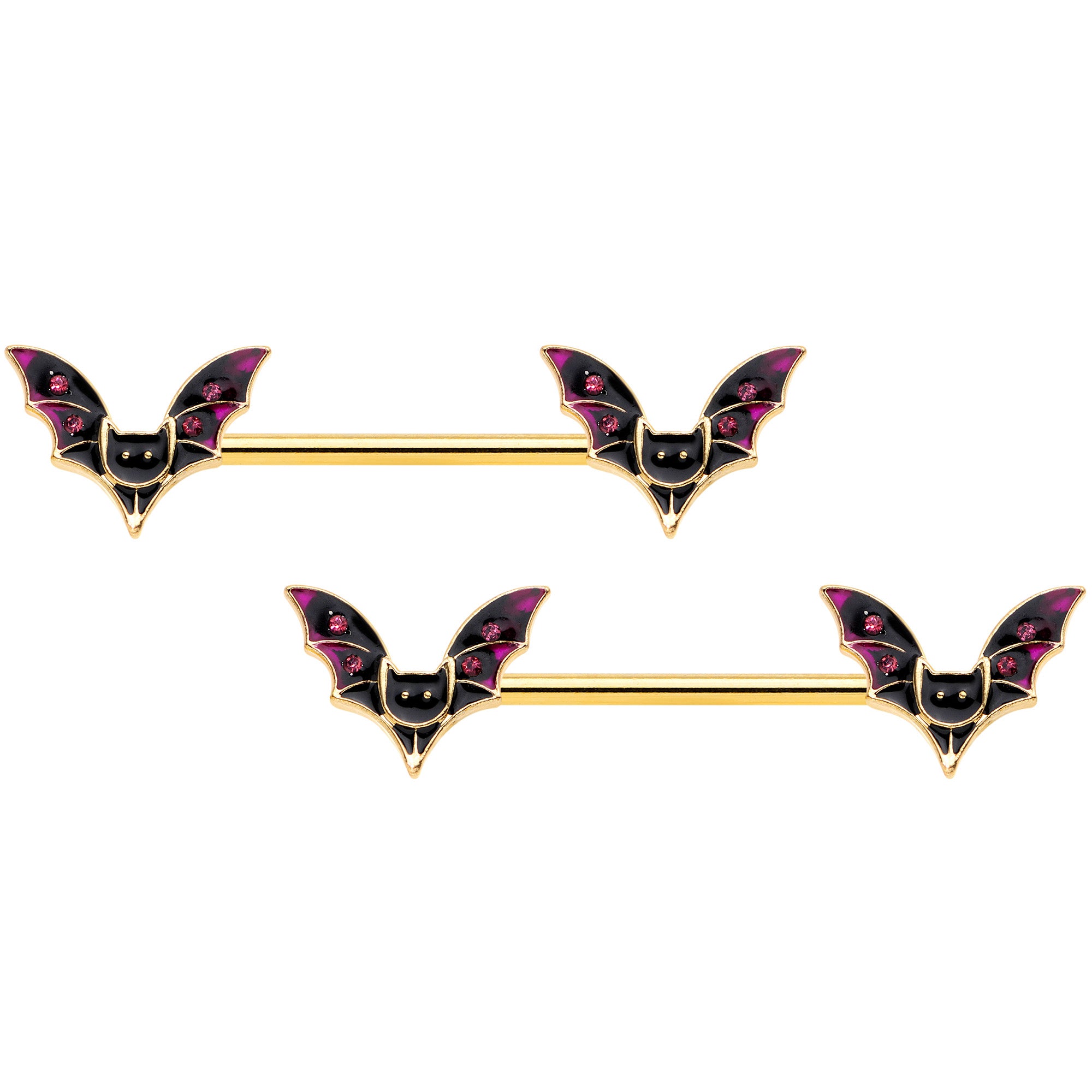14G 9/16 Pink Gem Gold Tone Bat Halloween Barbell Nipple Ring Set