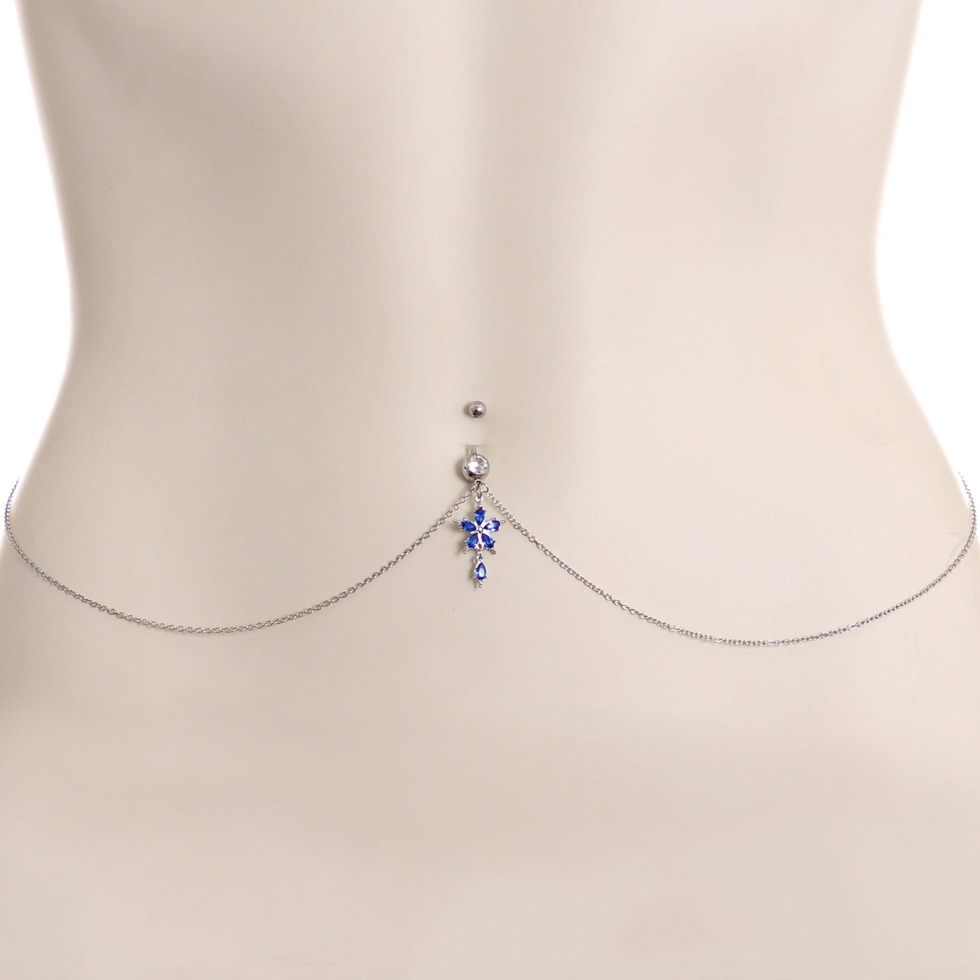 Blue Gem Tropic Flower Dangle Belly Ring Belly Chain
